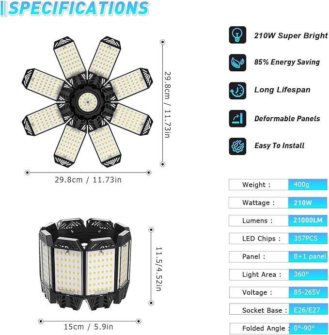 LAMLAMCK Led-verlichting voor garage, 210 W, 21.000 lm, 6500 K, super helder, werkplaats, vervormbaar, 8 + 1 verstelbare panelen, basis E26/E27, led-plafondlamp voor garage, magazijn, kelder, werkplaats photo 3