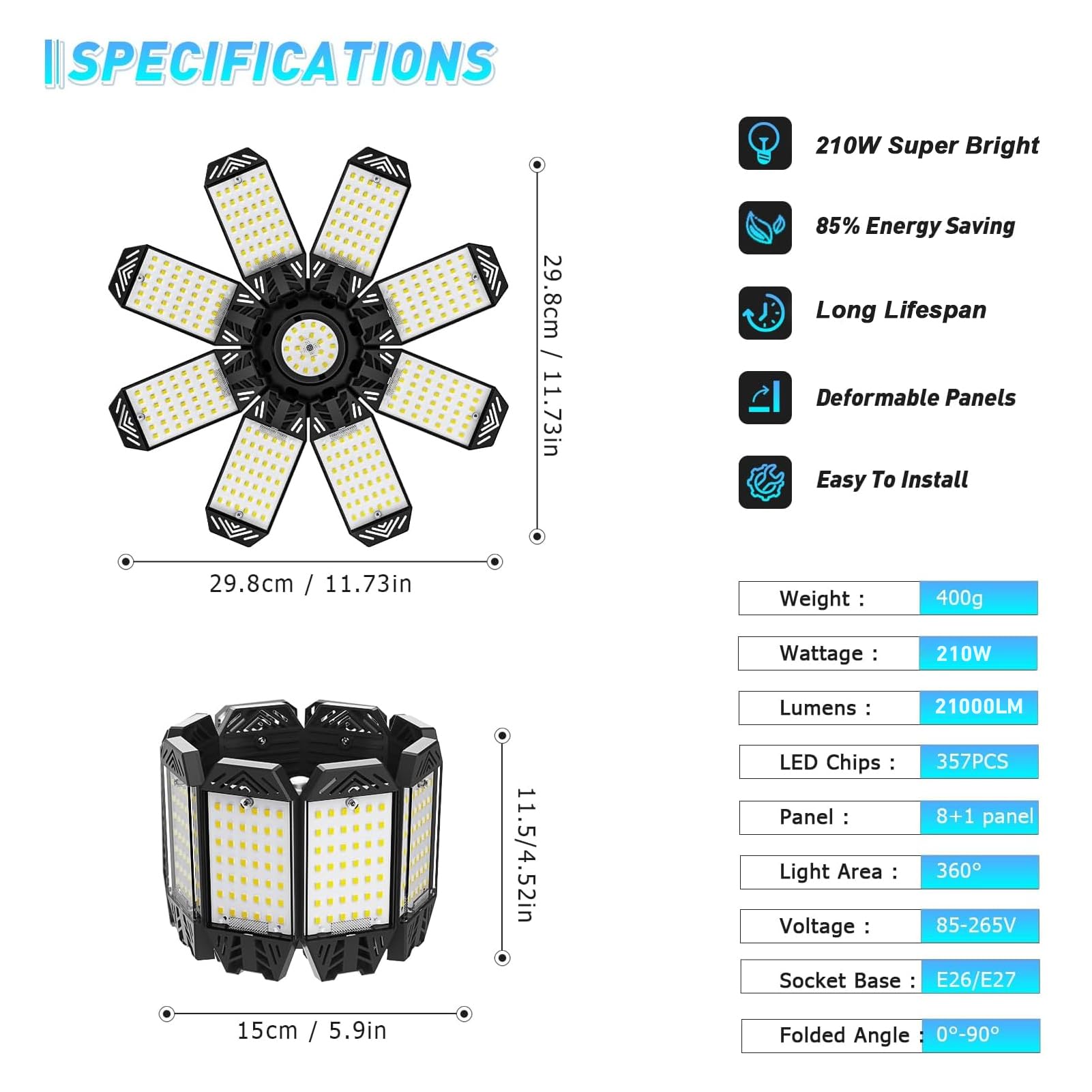 Garagenlampe LED 210W - 6 Stück 21000LM 6500K Sehr Helle LED Werkstatt Deckenleuchte mit 8+1 verstellbarem Panel, Einschraubbare E26/E27 Fassungen Garagenbeleuchtung für Garage, Lager, Keller