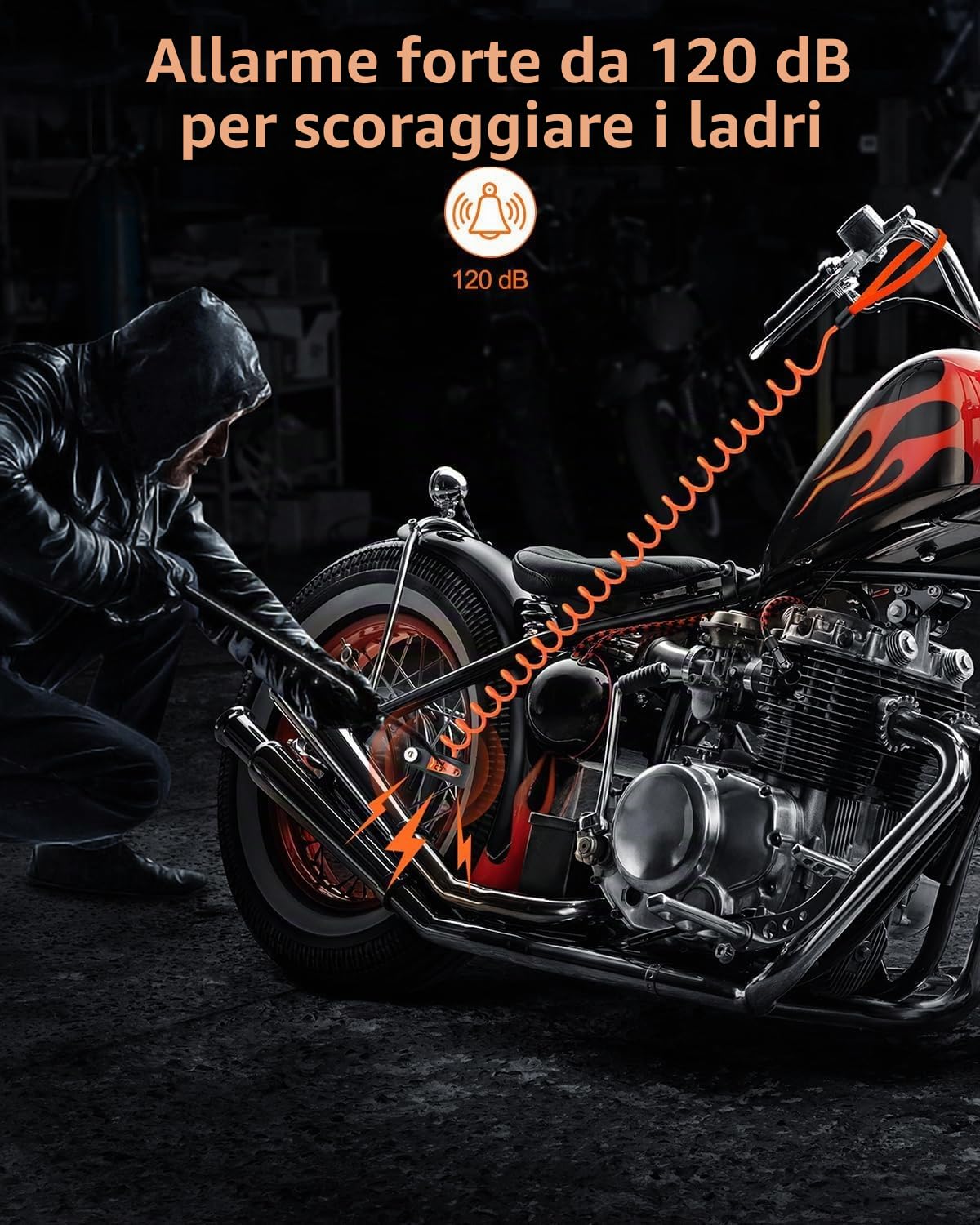 ZEXMTE Blocco freno a disco impermeabile per moto con allarme 120dB | Allarme per moto ricaricabile, blocco freno a disco con cavo antifurto in filo di acciaio da 1,8 m, per moto e scooter da 7