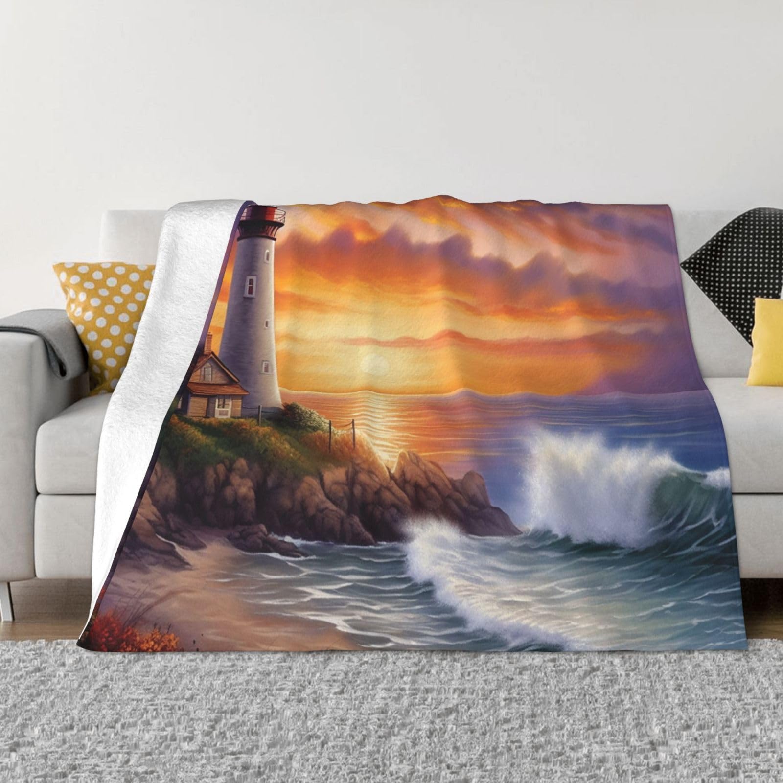 Couverture légère en flanelle pour voyage et canapé plaid micro-polaire phare 152x127 cm