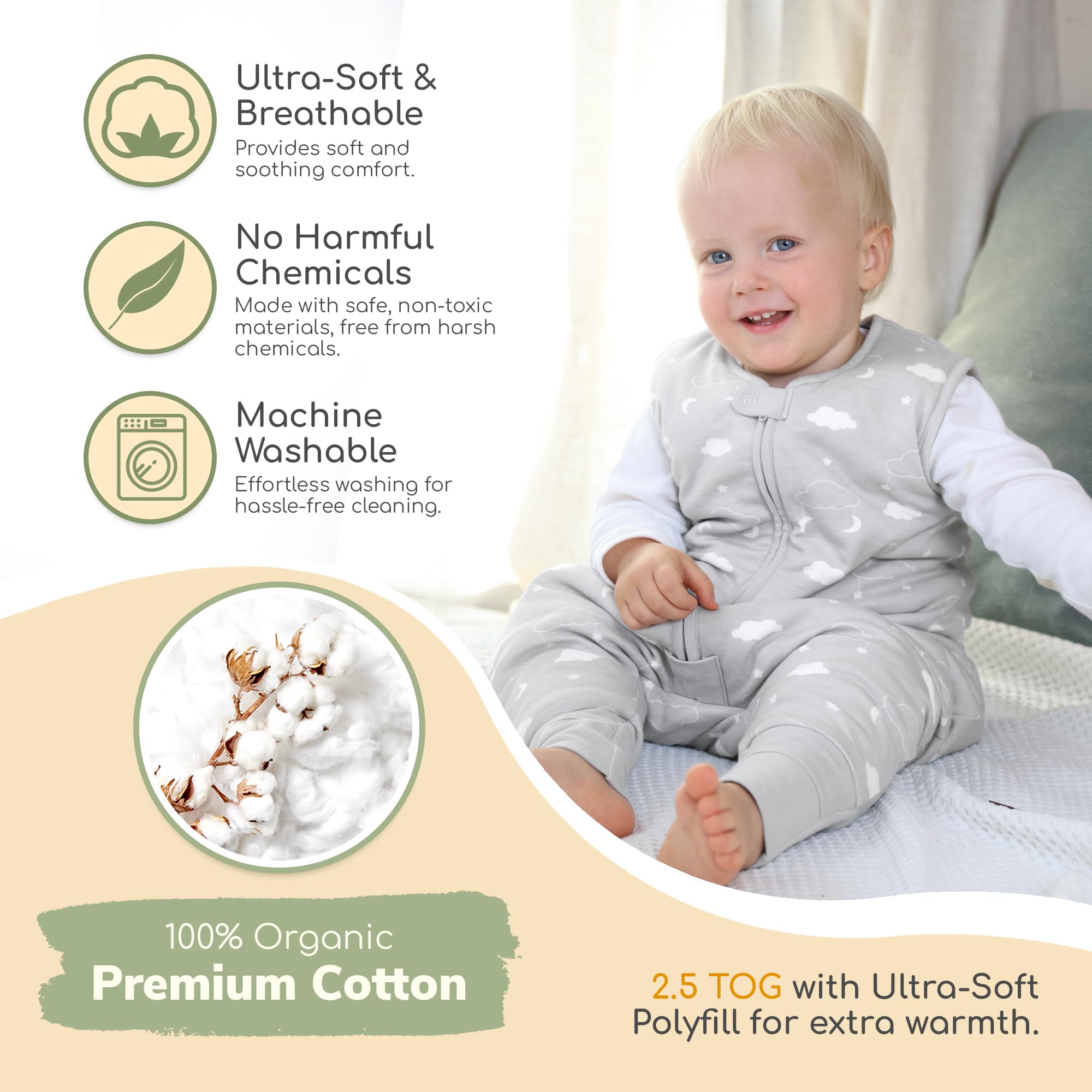 Kleinkind Schlafsack mit Füßen, 2,5 TOG Bio-Baumwolle Baby Schlafsack mit Beinen, Baby Wearable Decken für Walker w / 2-Wege-Reißverschluss, Baby Schlafsack für Mädchen & Jungen, 18-36 Monate - 3