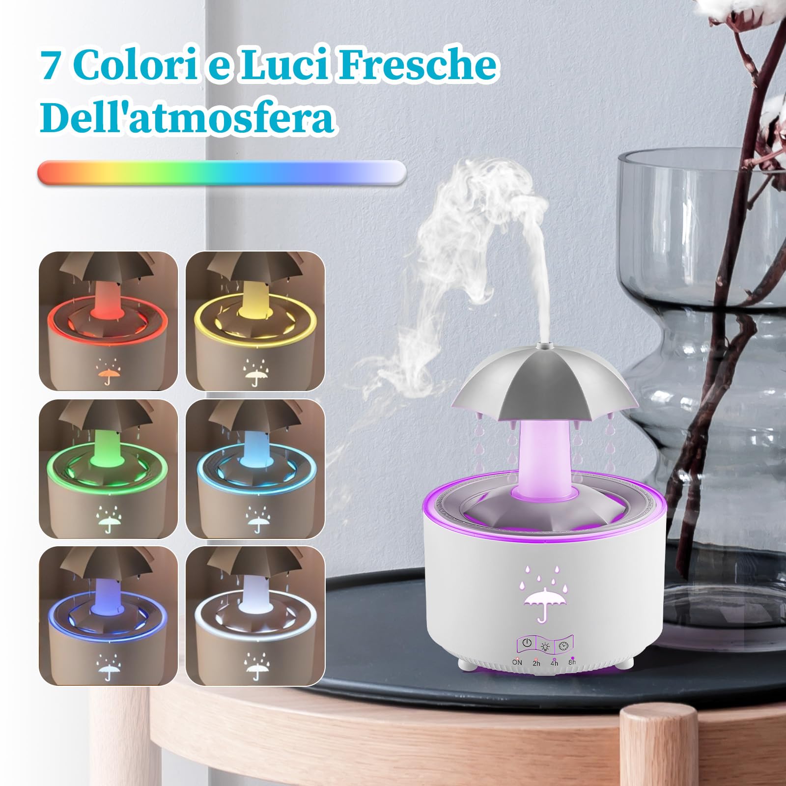 perfk Umidificatore a Goccia Rotante con Ombrello, Purificatore di Oli Essenziali 300ml, 10-30H di Durata, 7 LED Colori, 2/4/8H Timer, 36dB Silenzioso, Diffusore Ambiente per Camera, Ufficio, Bianco