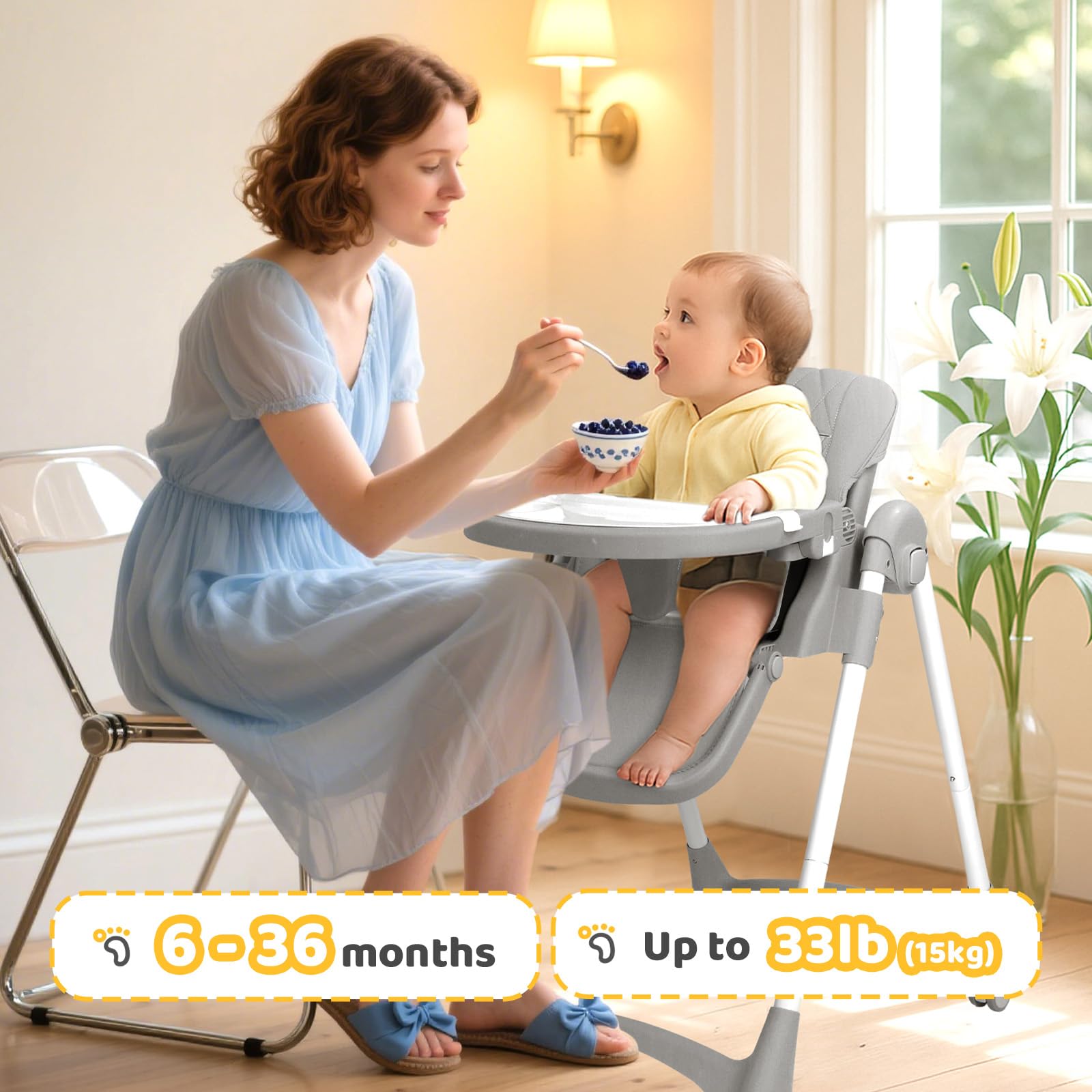 BONNLO Chaise Haute Bébé Évolutive, 6 Mois - 3 Ans (max. 15 kg)，Chaise de Nourriture Bebe Pliable, Siege Pliante, Siege d'Appoint Bébé, Avec Plateau, Repose-pieds, Réglable, Naissance (Gris)