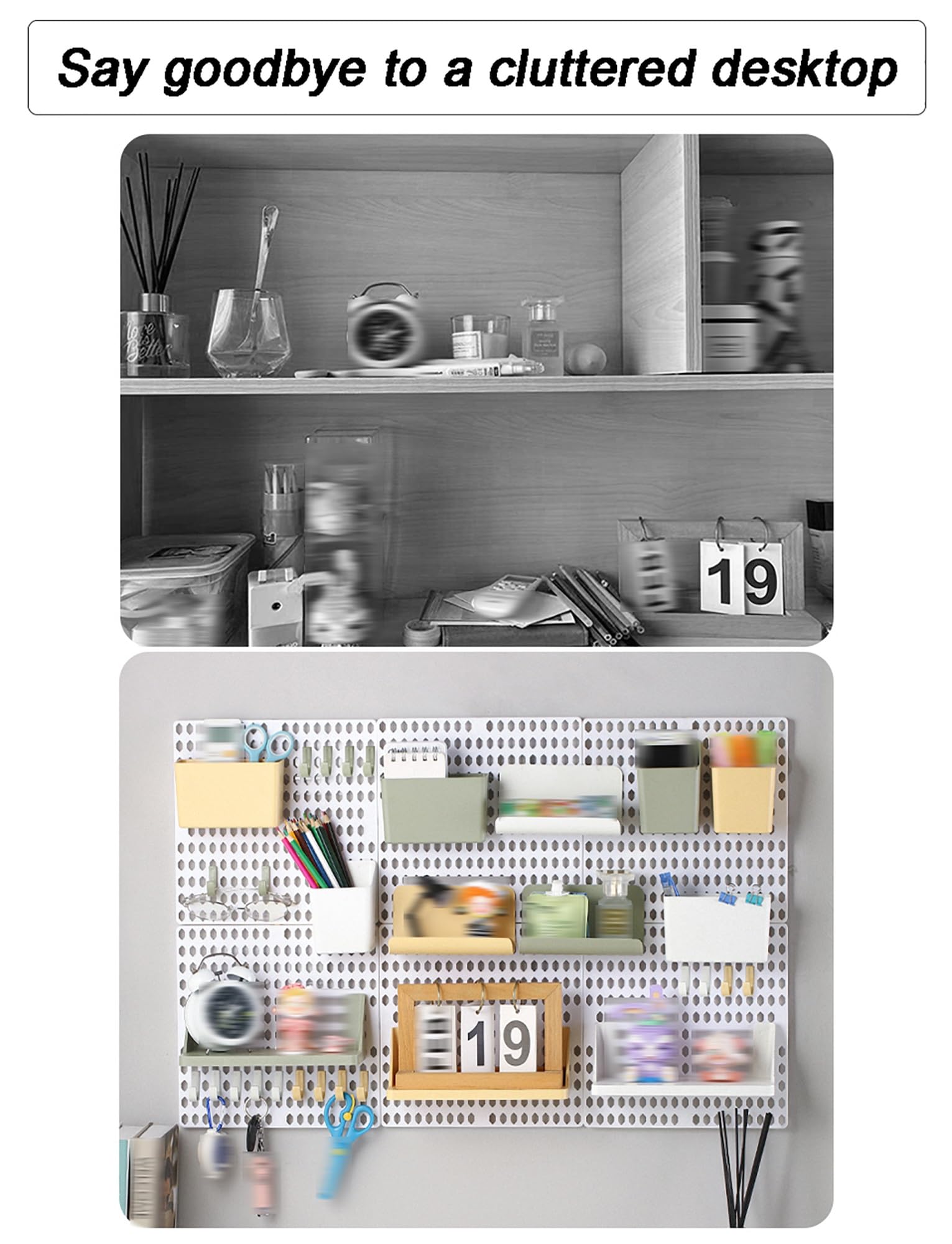 Regulowany organizer ścienny z tablicą Pegboard, oszczędność miejsca do małych pomieszczeń, akademików i biurek, zawiera haczyki, półki i akcesoria, kompaktowy, mleczny i żółty design
