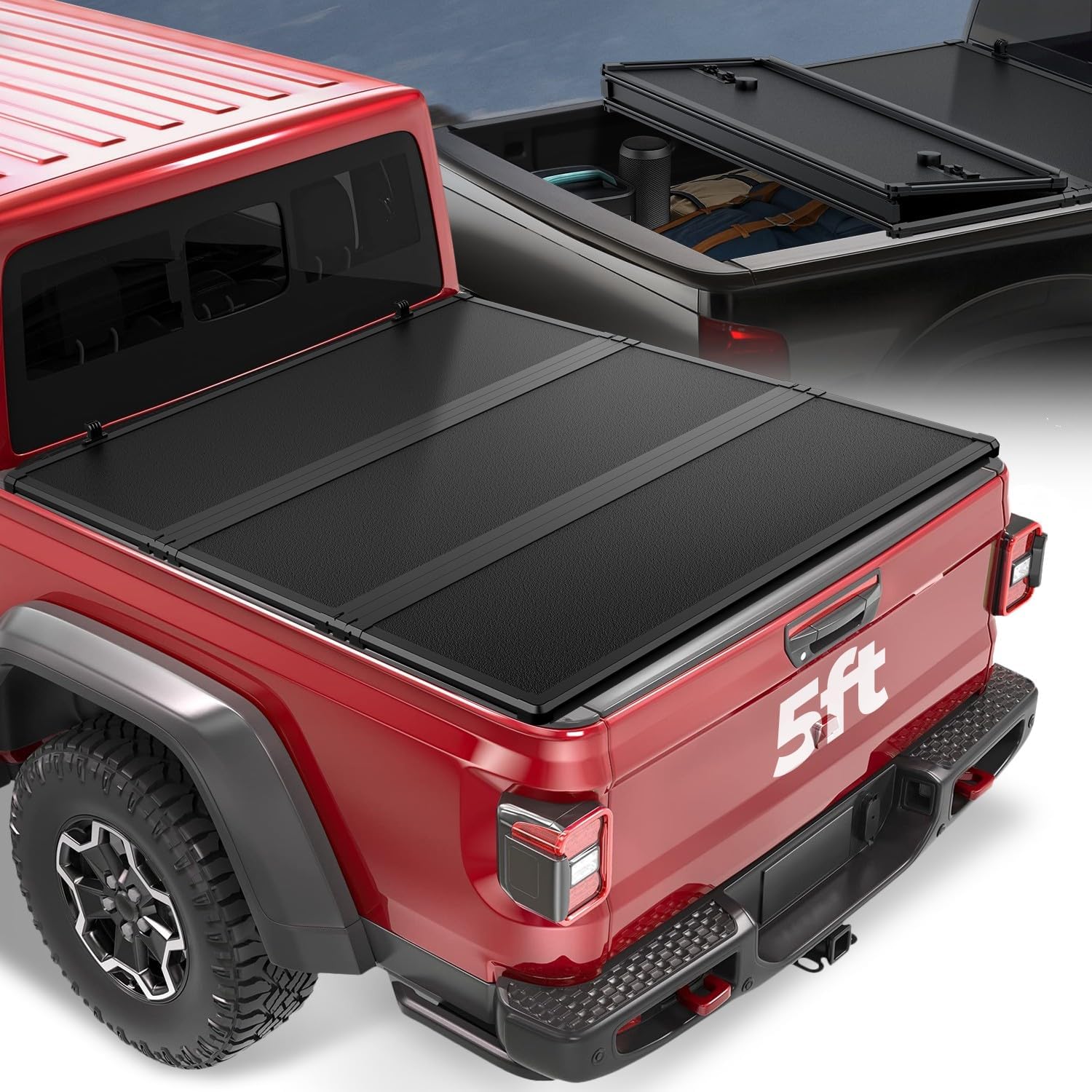 Auto Dynasty FRP Hard Tri-Fold Truck Bed Tonneau Cover Compatible with 2020 2021 2022 2023 2024 2025 Jeep Gladiator 5FT Without Utility Track System, Black Powdercoated