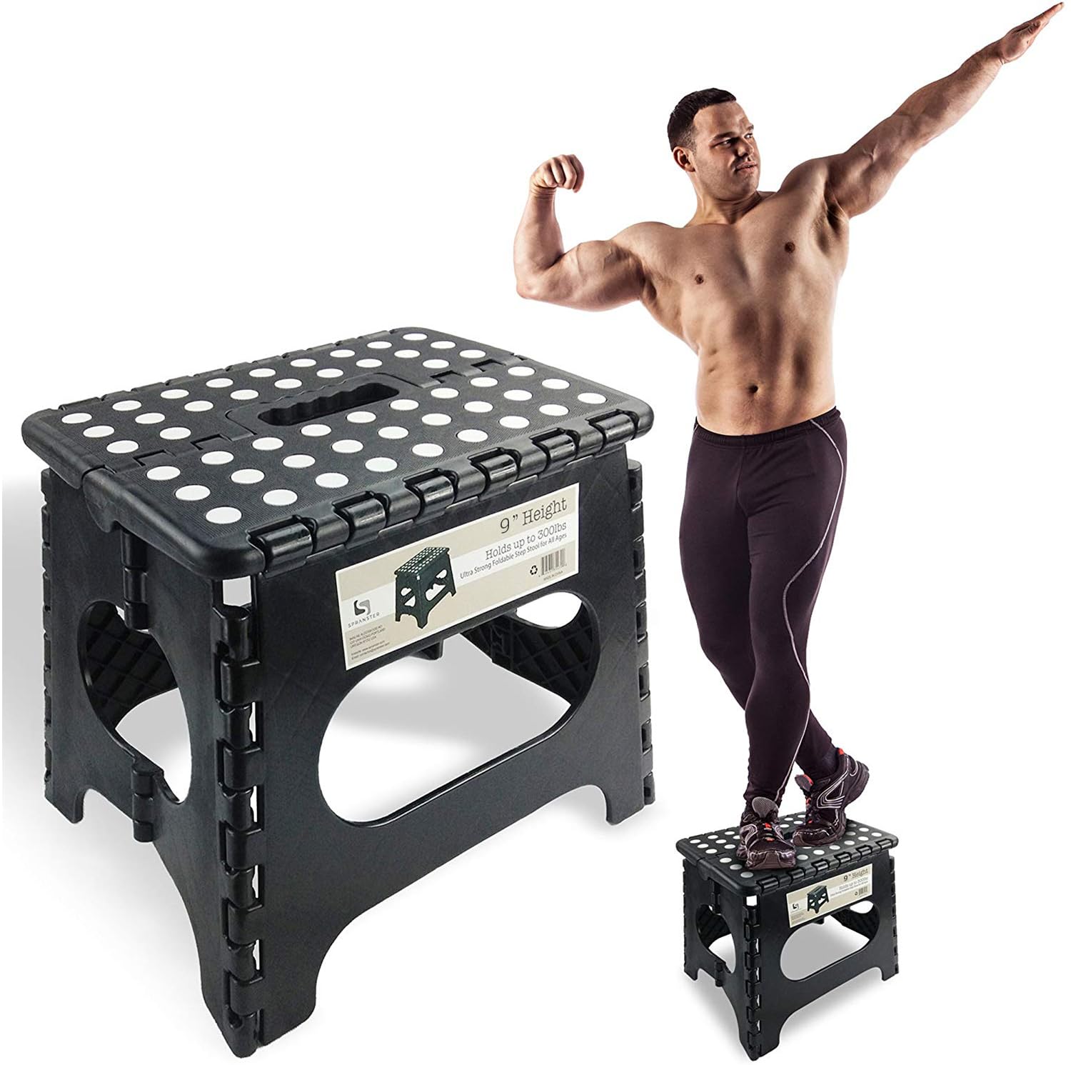 Spranster Folding Step Stool 9" – Black Non-Slip Plastic Step for Adults and Children – Strong & Compact – For Kitchen, Bathroom, Garage or Travel