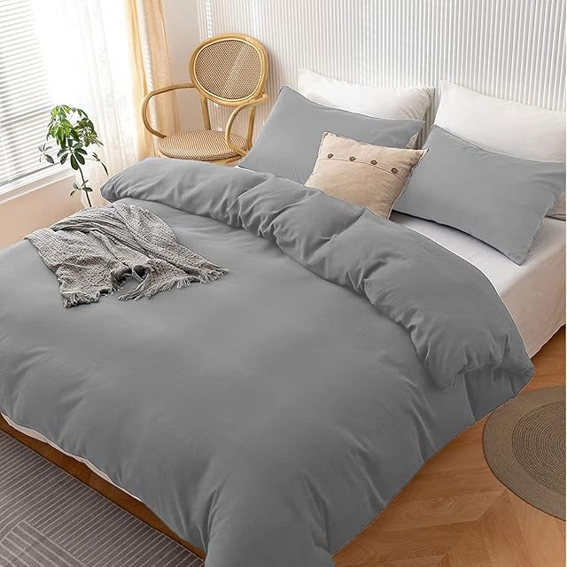 Duvet Cover Set - Easy Care and Soft hand feel breathable Microfibre Duvet Cover with Pillow cases - Pillow case Size (50cm x 75cm) - Bedding Quilt Cover Set. (King, Grey)