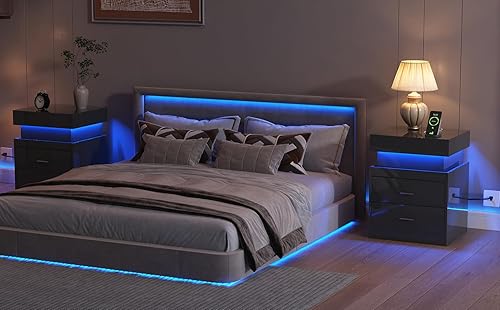 Miniatura 6 de ChooChoo Mesita de noche LED con estación de carga, mesita de noche inteligente con almacenamiento superior deslizante, mesa de noche de alto brillo