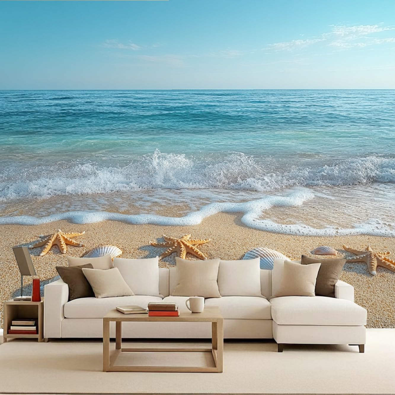 Sea Shells Starfish Wallpaper Mural Natural Scenery Photo Wallpaper Sea Shells Starfish 3D Wall Mural 250x175cm Non-Woven Premium Art Print Decoration Poster Picture for Living Room TV Backdrop