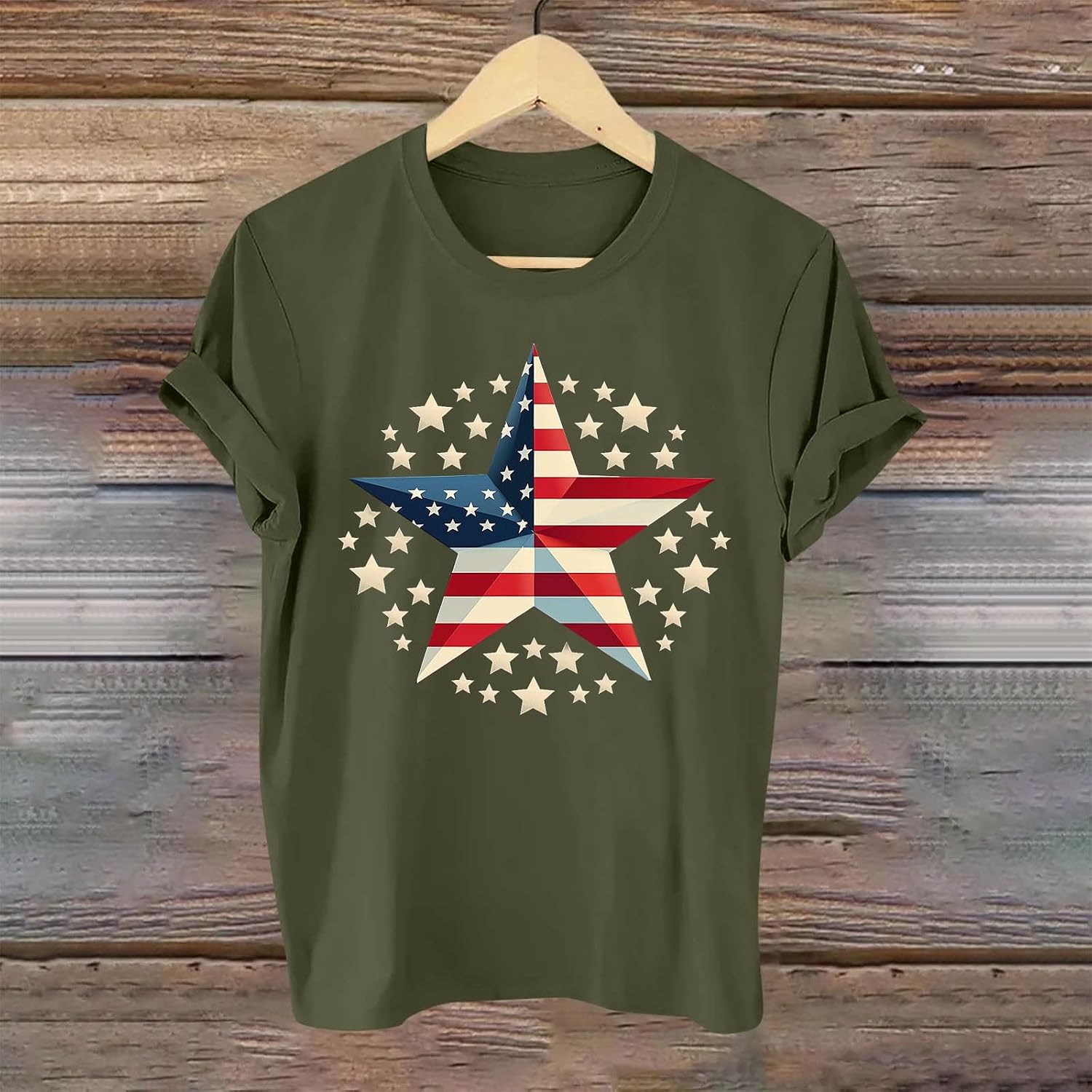 4 Th of July Shirt for Women Short Roll Sleeve Crew Neck Lightweight Star Blouses Casual Tees Holiday Tees