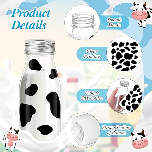 Miniatura 5 de Juego de 24 botellas de leche de plástico de 7 onzas con pajitas, tapas de metal plateado, calcomanías de leche con estampado de vaca, recipientes