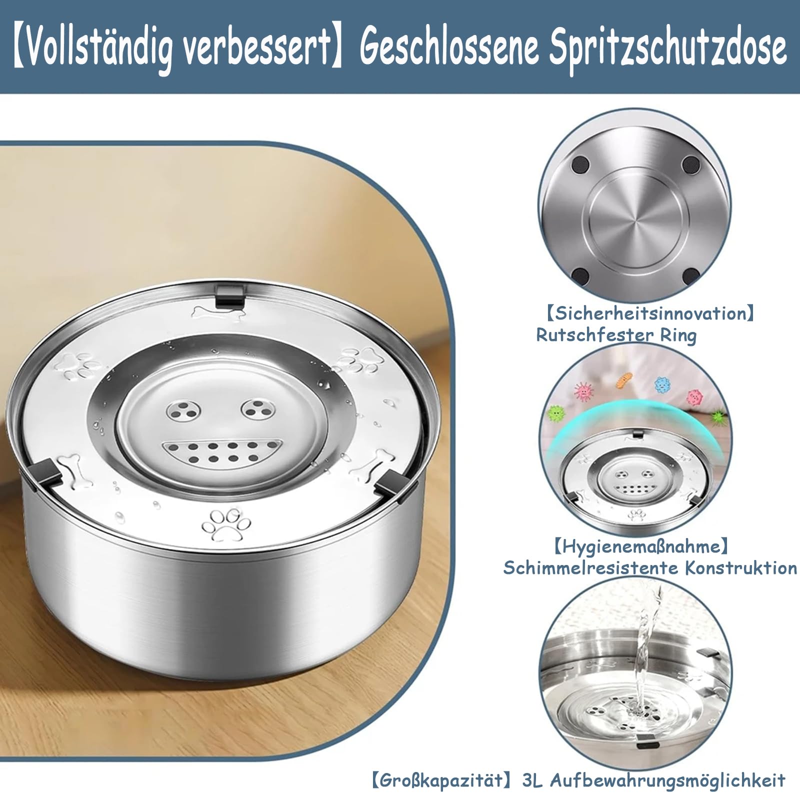 Abreuvoir Anti-Lèchage pour Chiens 3L en Acier Inoxydable sans Bavures | Abreuvoir Lent pour Chiens Moyens et Baveux | Abreuvoirs de Voyage pour Chiens