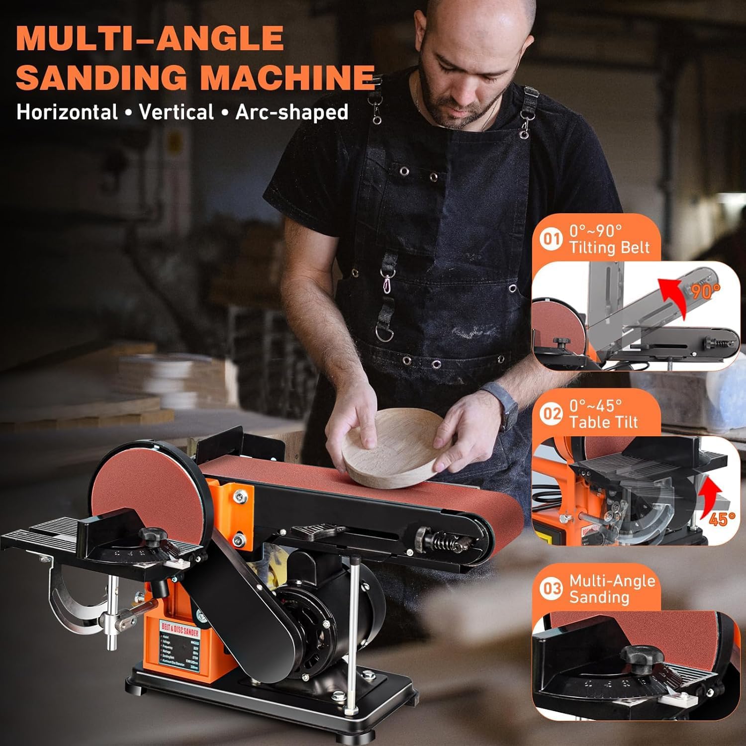 Man using multi-angle sanding machine with insets showing belt tilt and table tilt