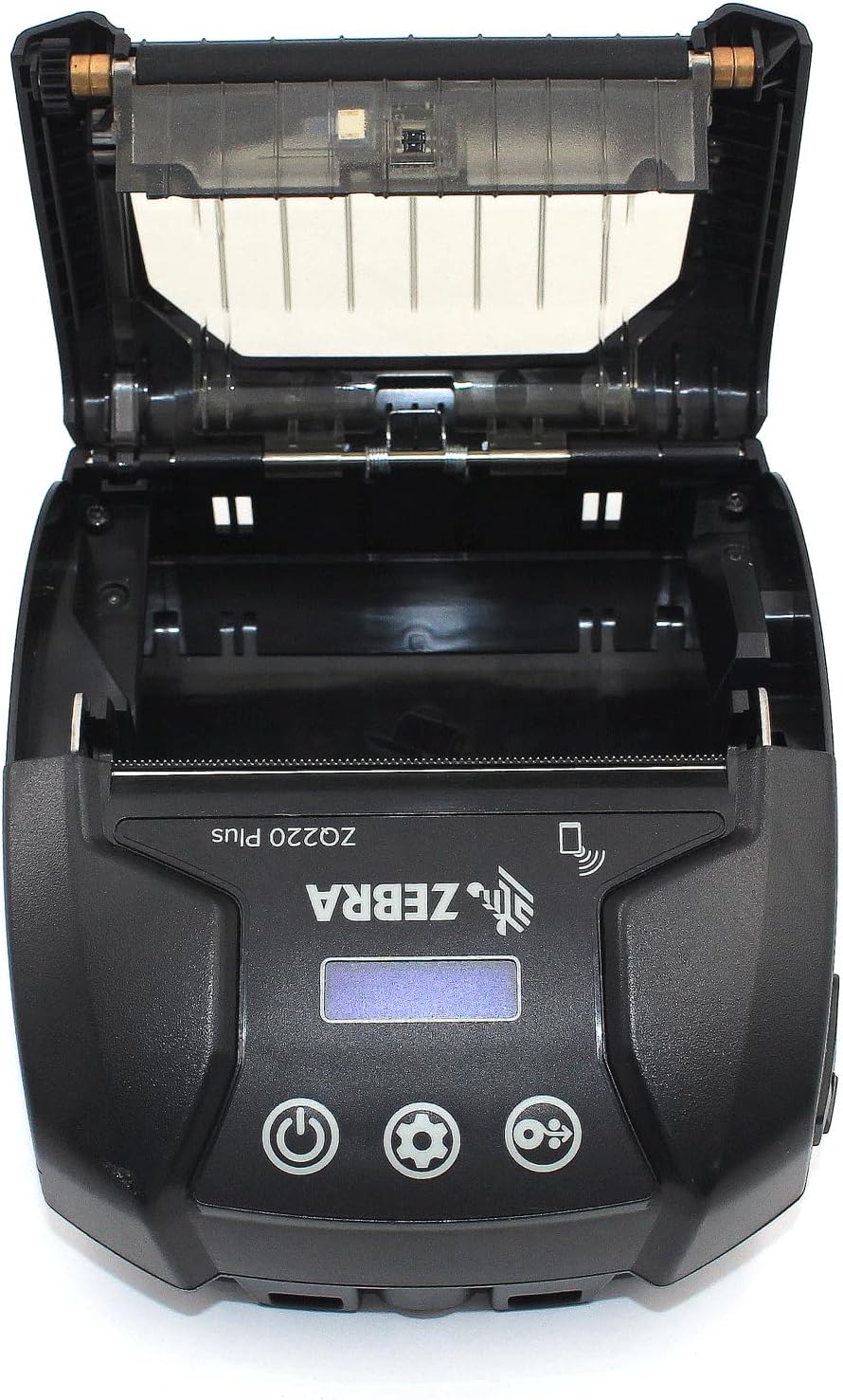 Top view of the Zebra ZQ220 Plus Mobile Thermal Printer with the media compartment cover open, showing the thermal printhead and paper roll area.