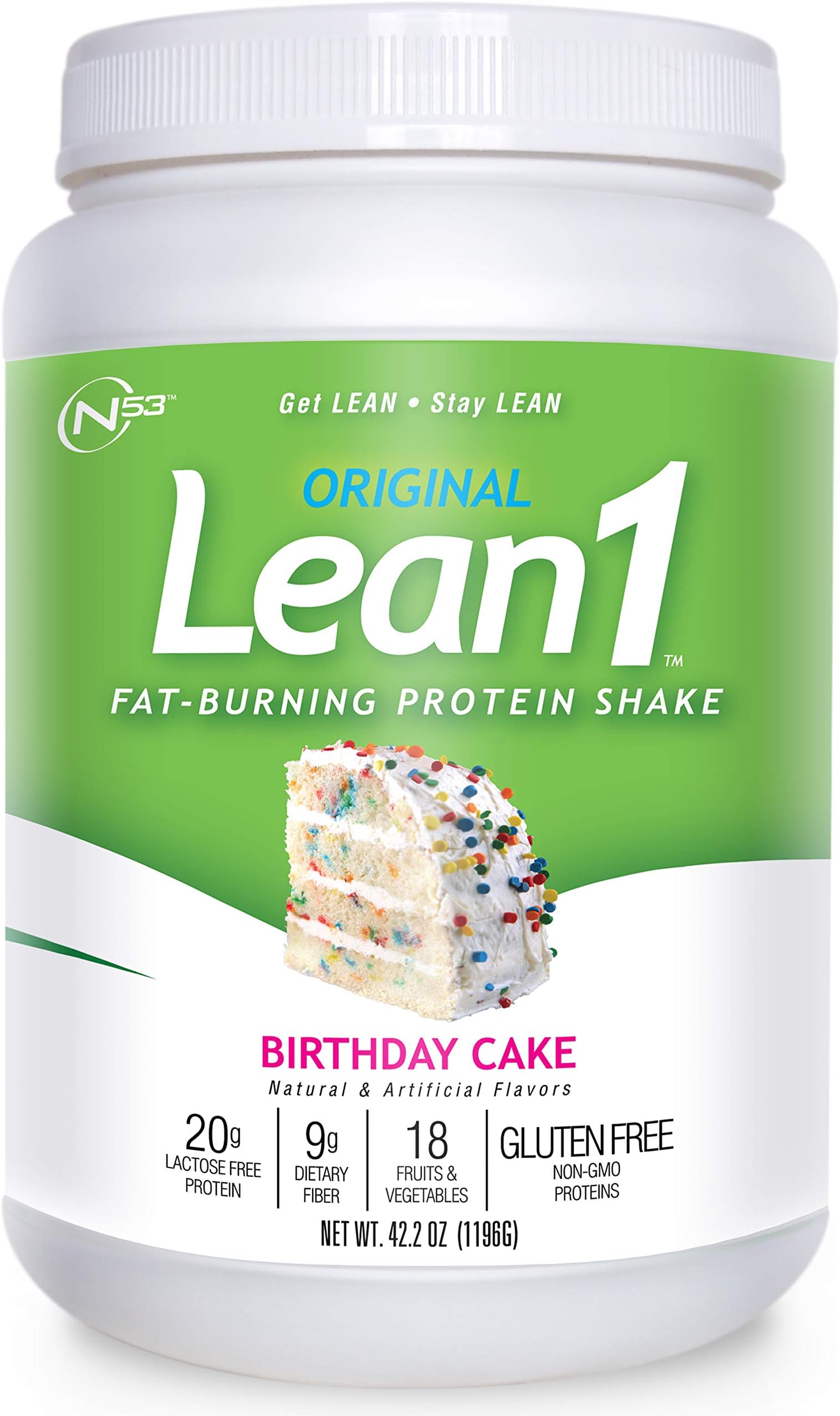 Lean 1 Birthday Cake Protein Powder Meal Replacement Shakes By Nutrition 53, Lactose & Gluten Free with Green Coffee Bean Extract, 23 Serving Tub - 42 oz