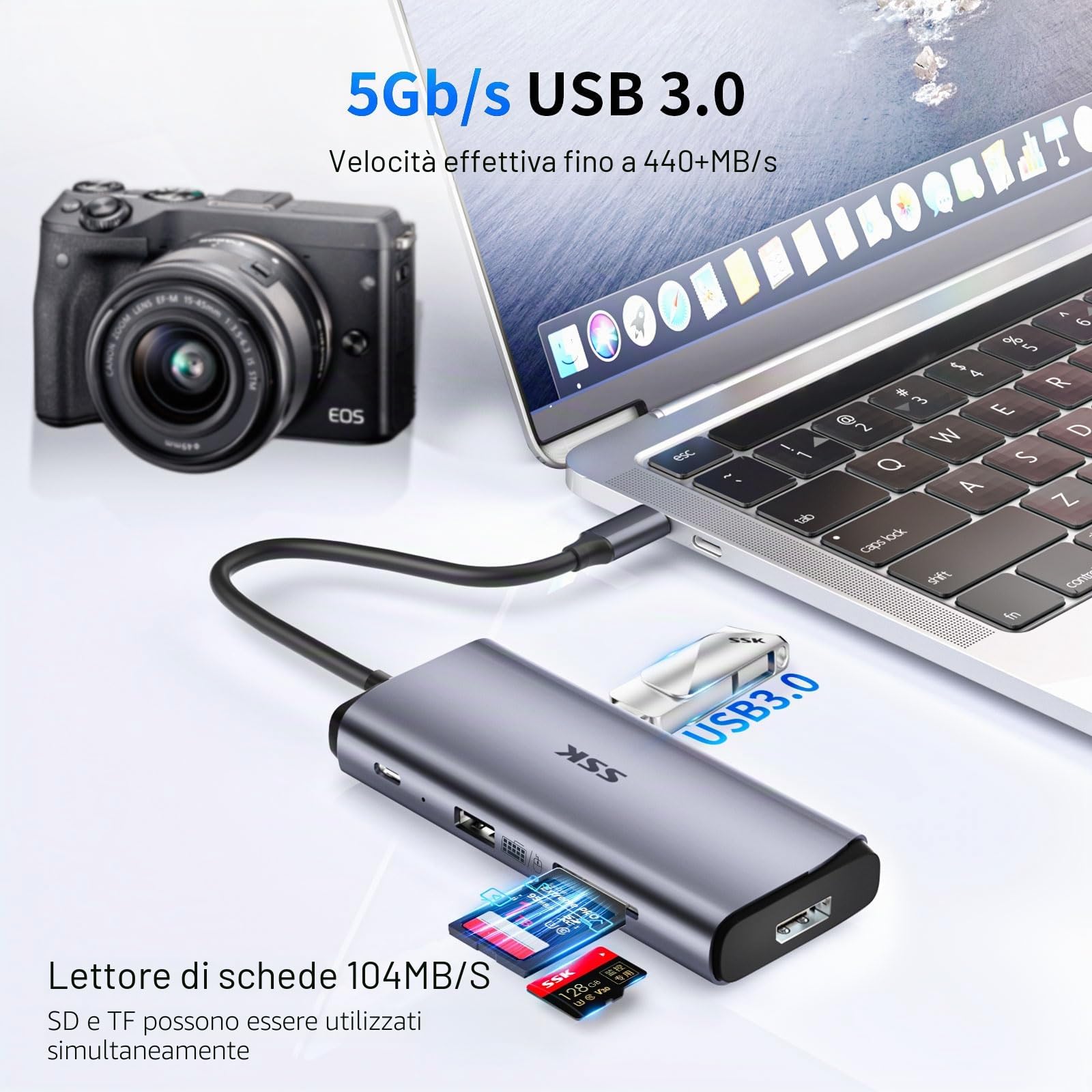 SSK Docking station USB C 3 monitor, 9 en 1 Hub USB C singolo 8K/Dual 4K60Hz DisplayPort Dock con 2 porte HDMI, DisplayPort, 100 W PD, 3 USB, SD/TF, Docking station per laptop