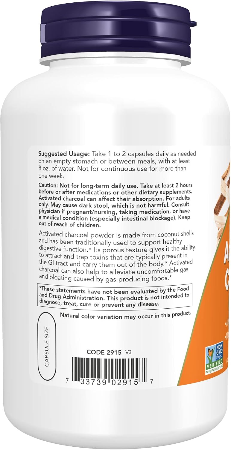 NOW Supplements, Activated Charcoal Made from Coconut Shells, Non-GMO Project Verified, Detox Support*, 200 Veg Capsules
