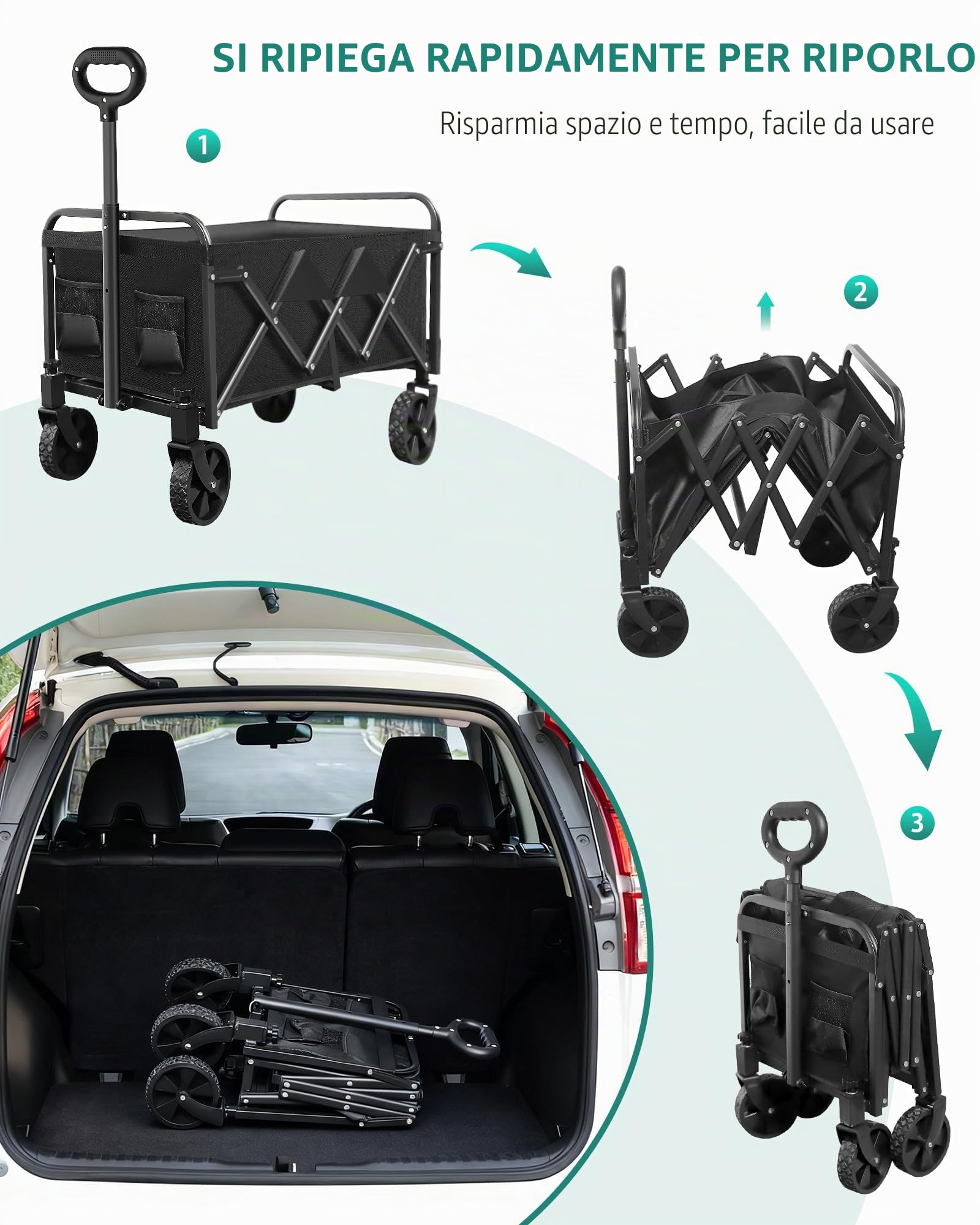 Carrello leggero pieghevole, manico regolabile, resistente, portabicchieri, portatile, compatto e salvaspazio, per campeggio, shopping, giardino, sport, spiaggia