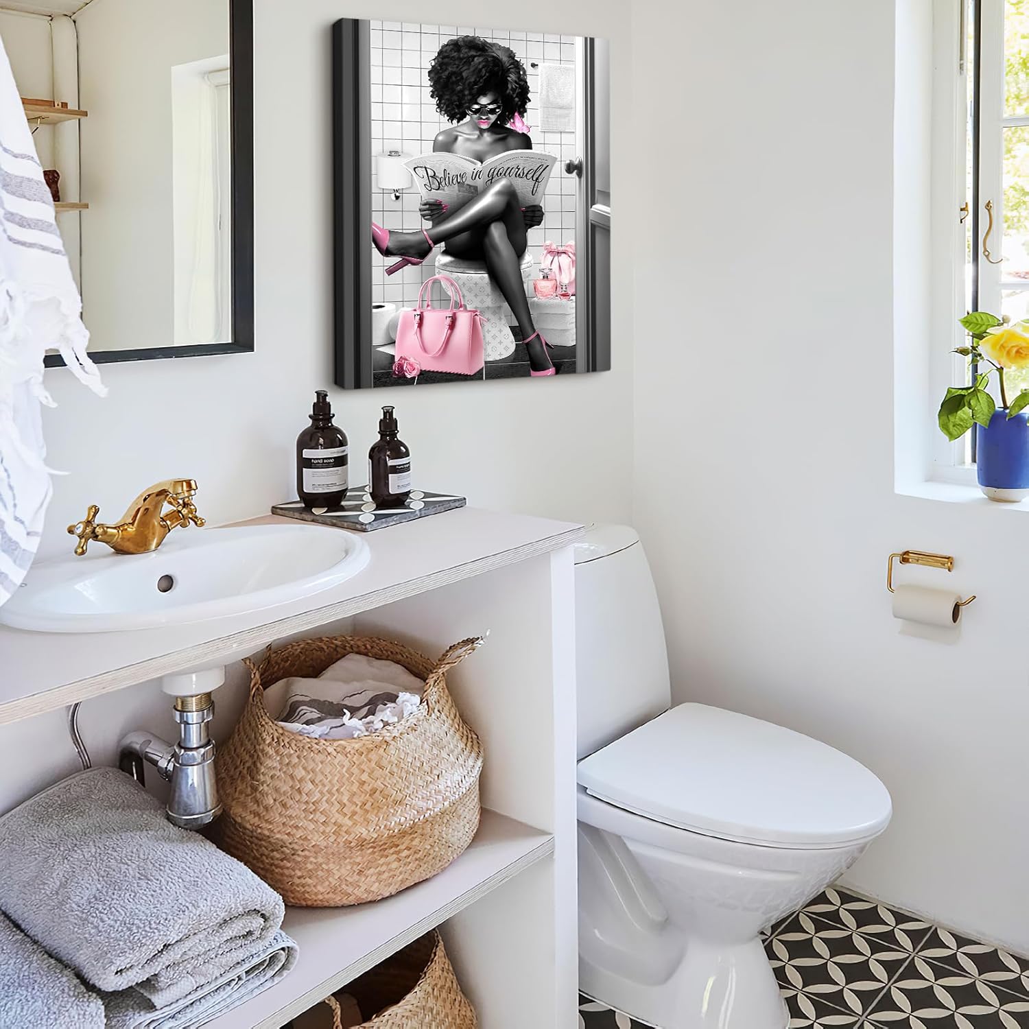 African American Wall Art Bathroom Decor Wall Art Black Girl In Bathtub Canvas Poster Prints Modern Pink Wall Decor Fashion Black Women Pictures Framed For Bathroom Ready To Hang 16"X20"