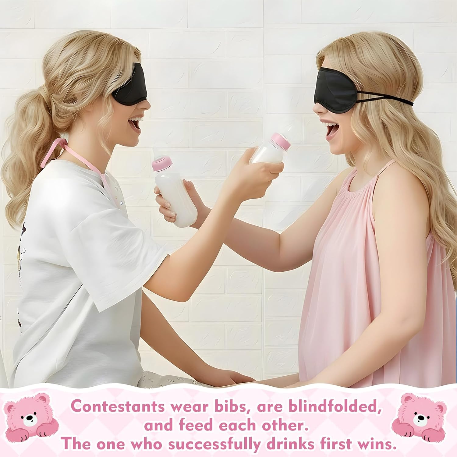 Soulchen Bottle Chug Baby Shower Games 3 Baby Shower Games for 6 Guests Include Bottle Disposable Diapers Balloon Eye Masks and Bibs for Gender Reveal Party Supplies(Pink)