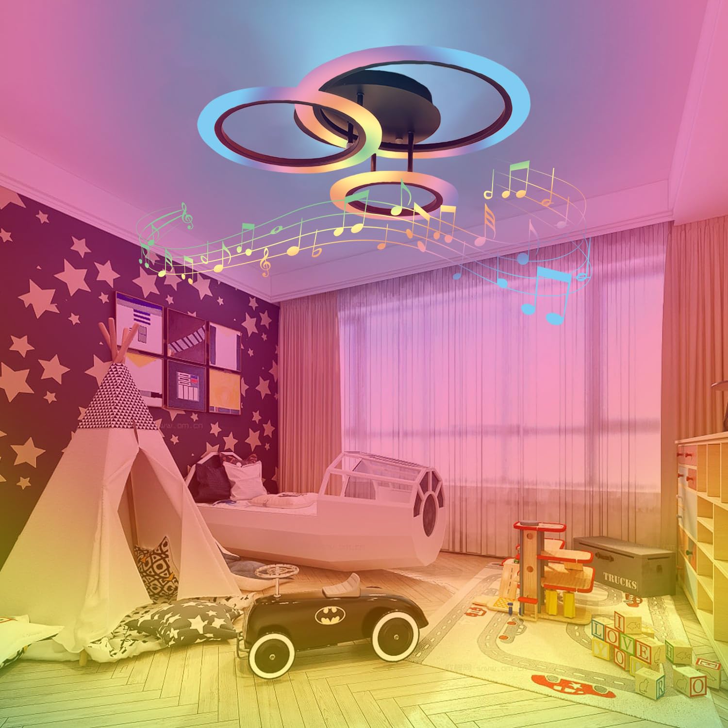 Lampada da soffitto a LED RGB Cambia colore con altoparlante Bluetooth, lampada da soggiorno, luce ad anello, dimmabile, per cameretta dei bambini, con telecomando e app