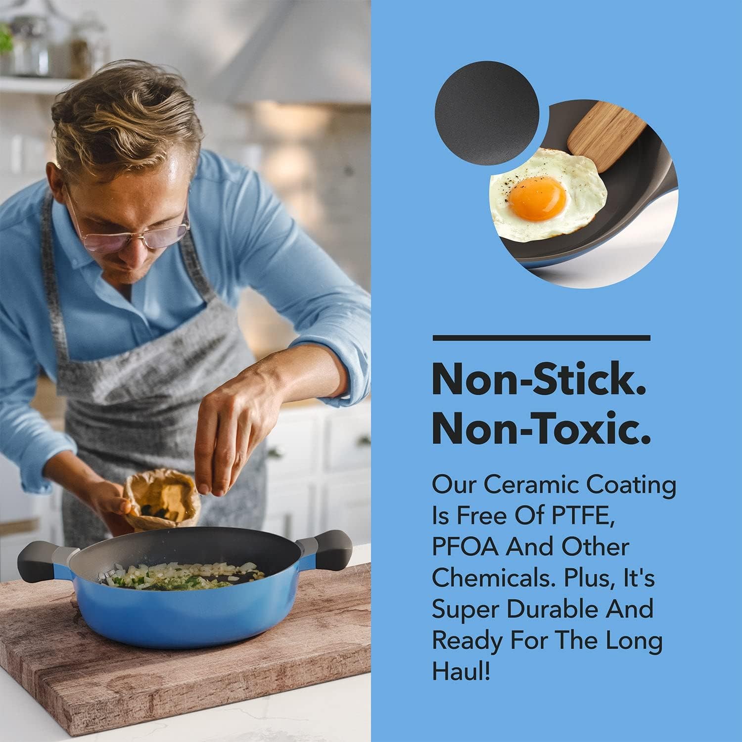 Vremi 8 Piece Ceramic Nonstick Cookware Set Induction Stovetop Compatible Dishwasher Safe Non Stick Pots and Frying Pans with Lids, Blue