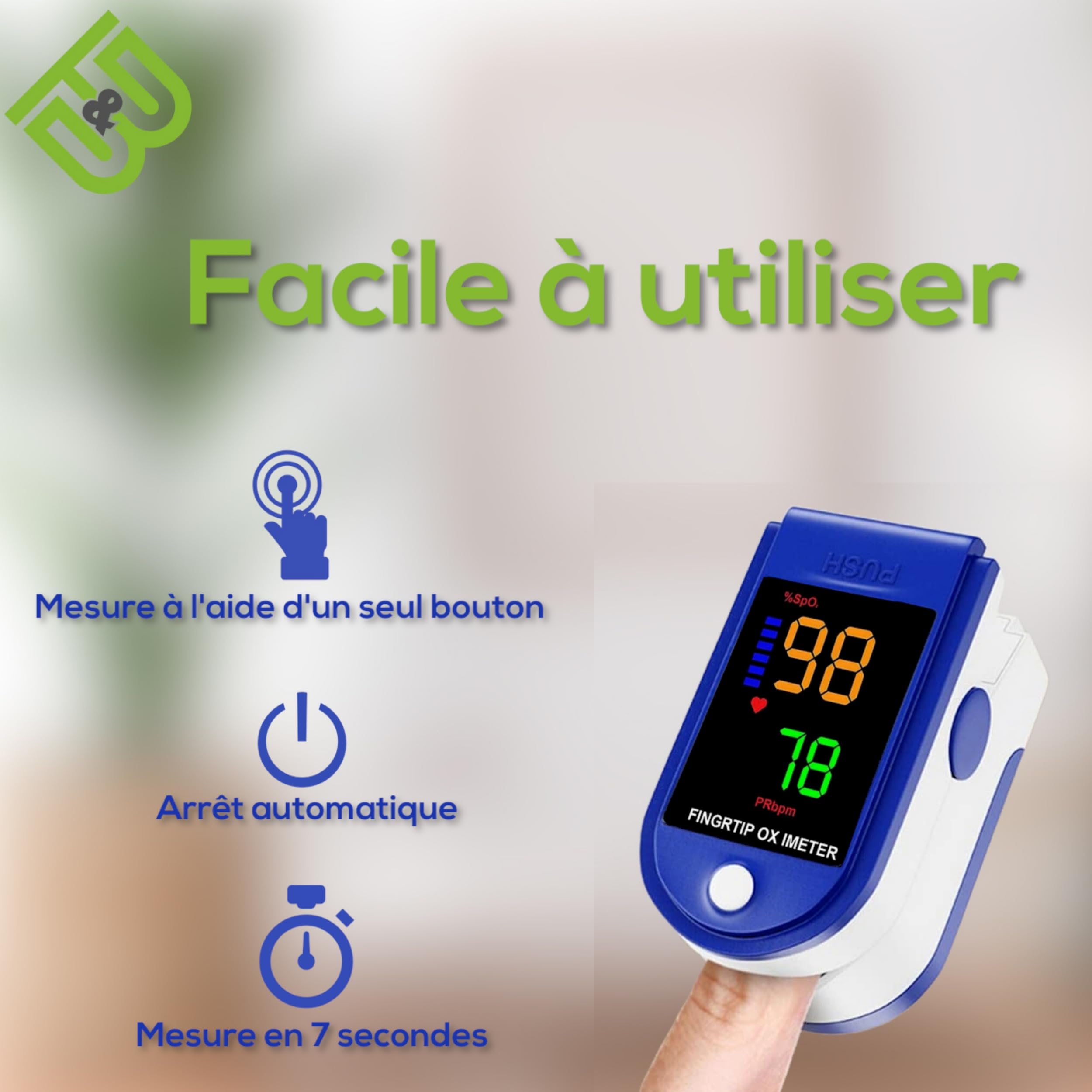 Oxymètre de doigt professionnel + thermomètre frontal adulte/bebe/enfant, sans contact, mesure corps et surface, écran à LED, sac de transport/piles incluses/notice en Français
