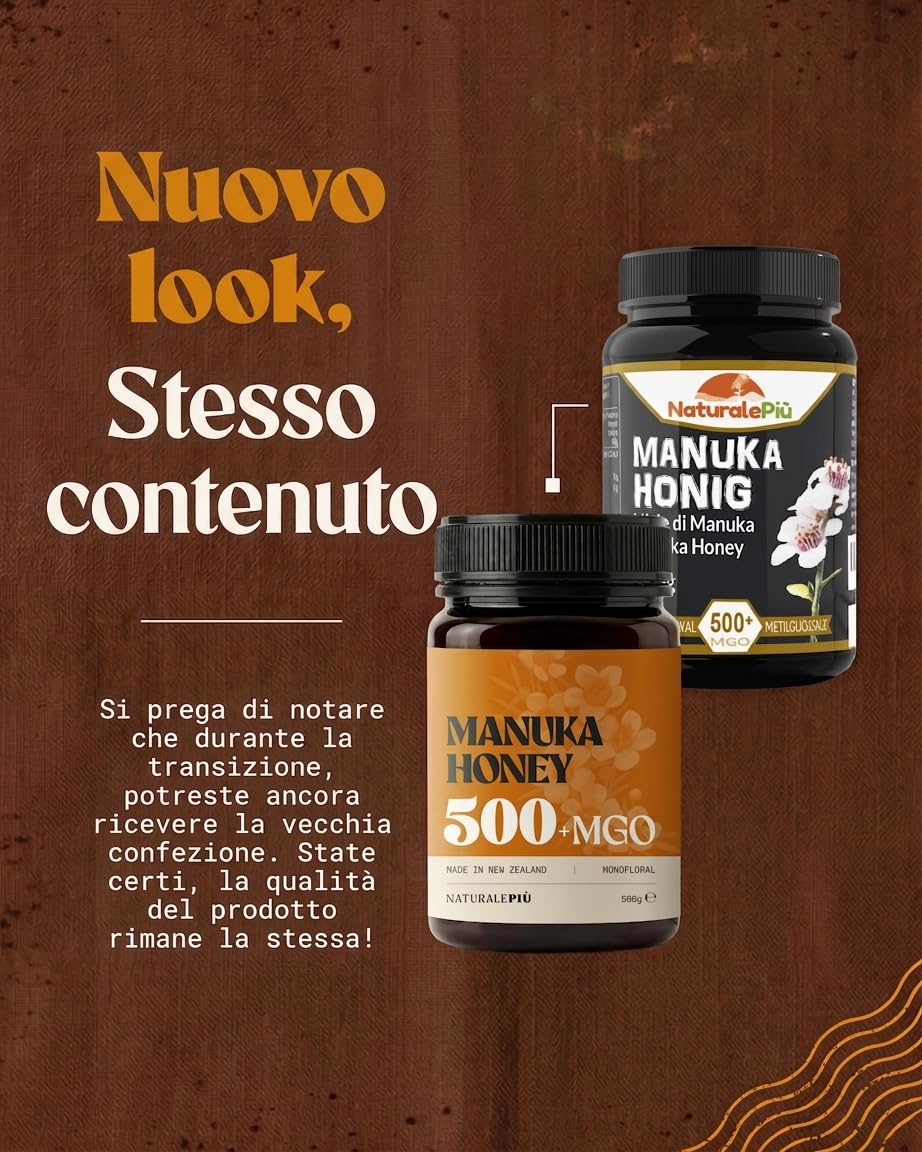 NaturalePiù Miele di Manuka 500+ MGO 500g. Dalla Nuova Zelanda. Certificato in Laboratorio. Miele Balsamico Puro. Mono Floreale, Ideale per la Cura delle Ferite. Tè, Cereali e Prodotti da Forno.