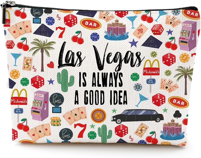 Necessaire de maquiagem NGZS Las Vegas com zíper, estampa dupla face, 24,64 cm x 17,78 cm