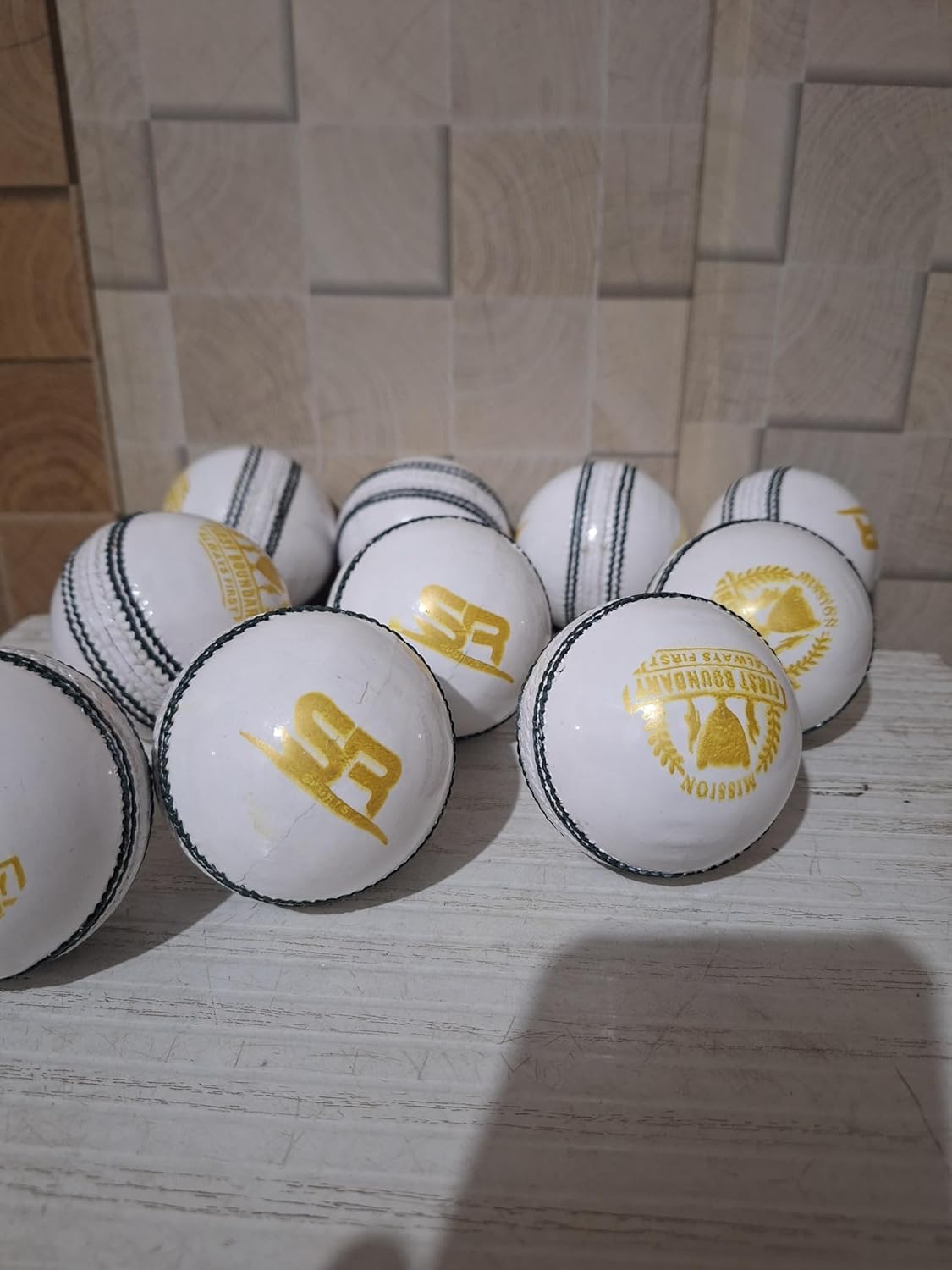 Professional White Cricket Balls with Gold Stamping, Leather Match Quality, Dark Green Seam 50 Over Pack of 6