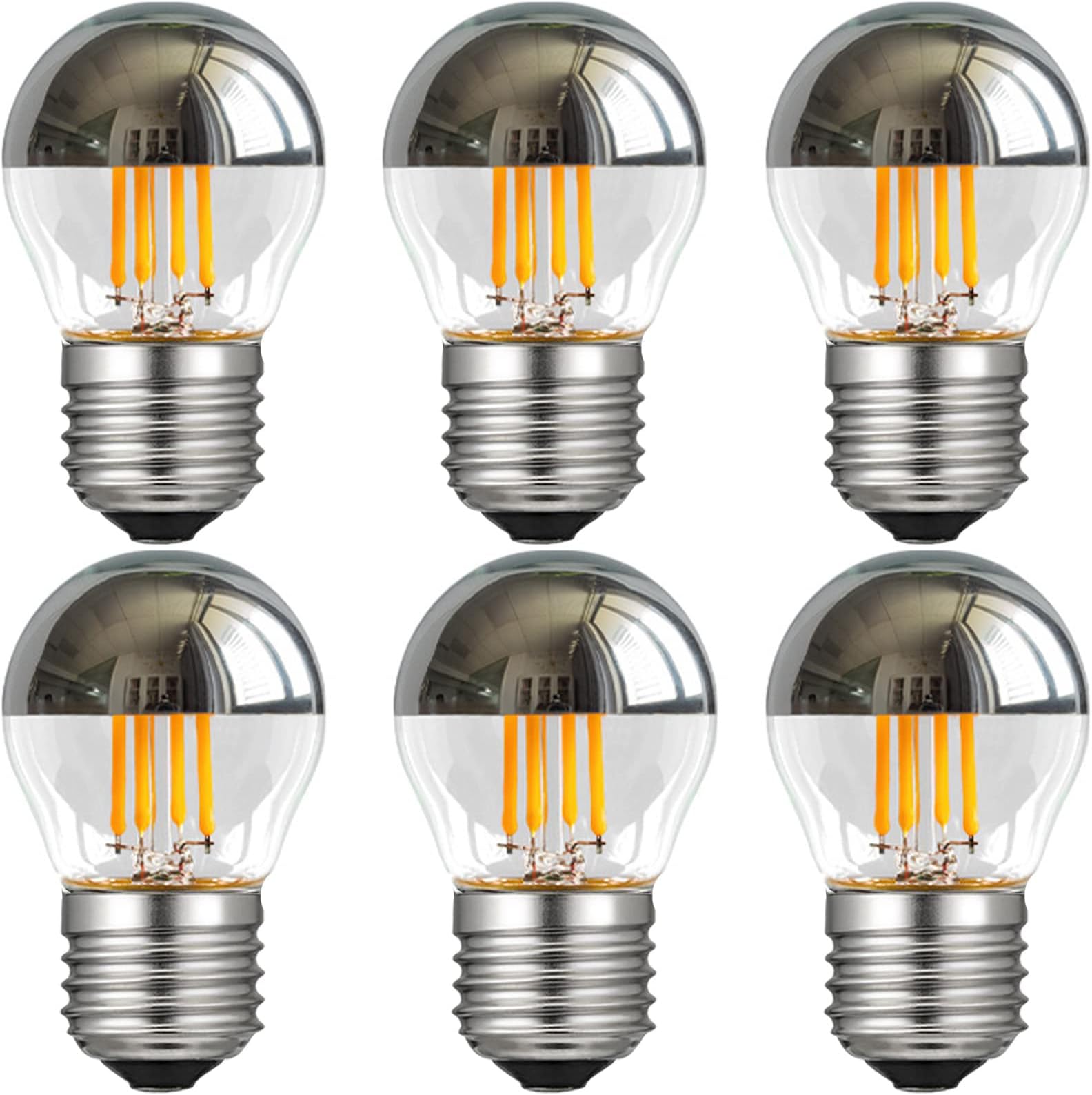 G45 G14 Half Chrome Light Bulb 4W Dimmable G45 Globe Silver Mirror Reflected Light 40W Equivalent Warm White 2700K Silver Tipped Mirror Light Bulb E26 Base Decorative LED Edison Bulb, 6 Pack