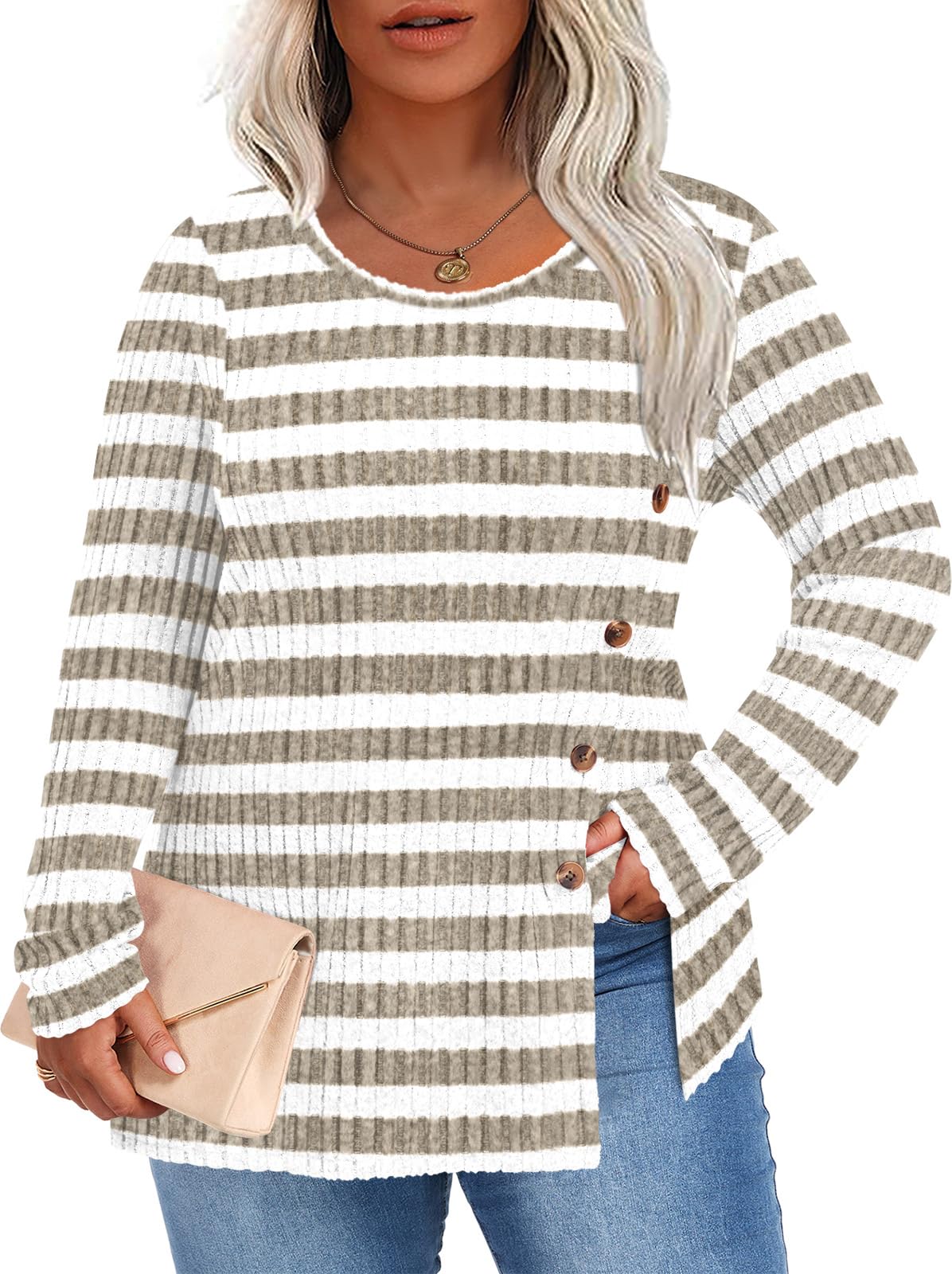 HOTGIFT Women Plus Size Top Knit Long Sleeve Sweater Button Tunic XL-5XL