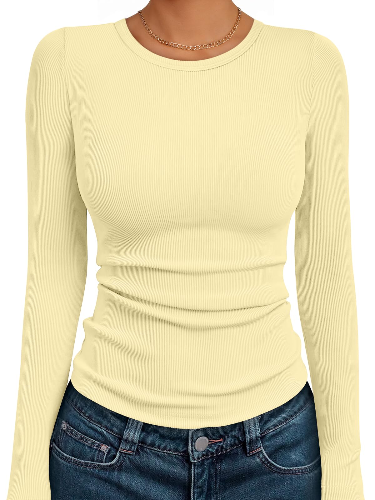 AUTOMET Women's Ribbed Long Sleeve Shirts Basic Top For Fall Work & Casual | Soft Stretch Crewneck Shirt for Fall & Winter, Breathable Fitted Softness Tops, Solid Color Base Layer