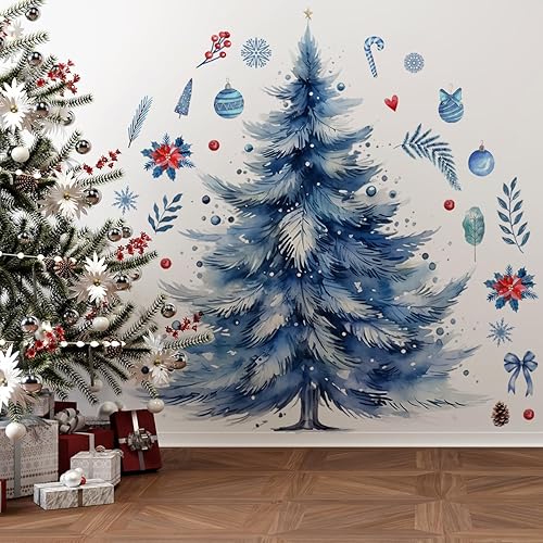 Miniatura 5 de Calcomanías de pared grandes de 59 x 47 pulgadas para árbol de Navidad, removibles, acuarela, árbol de Navidad, calcomanías de pared para baño,