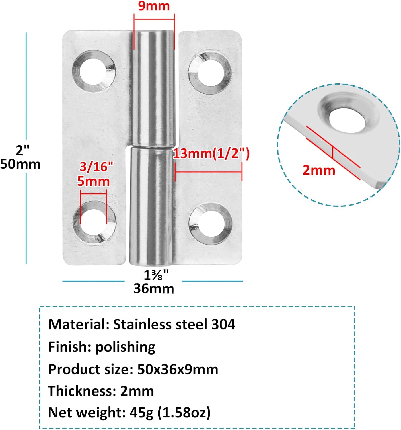 12 Pack H Shaped Lift Off Hinges for Cabinet Door, 2" x 1-3/8", Stainless Steel 304