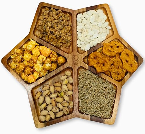 Koko Bandeja de madera de acacia para servir Bandeja de madera tallada Platos rústicos para servir alimentos, queso, postres Bandeja dividida de