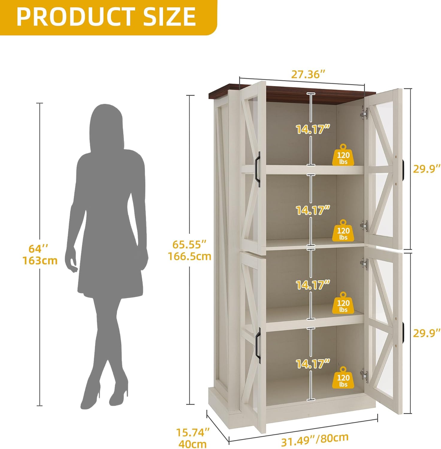 DWVO 66" Storage Cabinet, Tall Bookshelf Display Cabinet, 4 Shelves Curio Cabinet with Tempered Glass Doors, Trophy Display Case for Living Room and Dinning Room, White