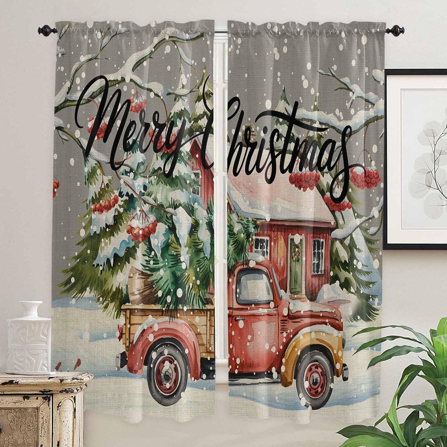 Grey Christmas Window Curtains 72 Inch Long 2 Panel Set,Rod Pocket Long Curtains & Drapes,Winter Vintage Farmhouse Xmas Tree Truck Light Filtering Window Treatment for Bedroom Living Room 52"W x 72"L