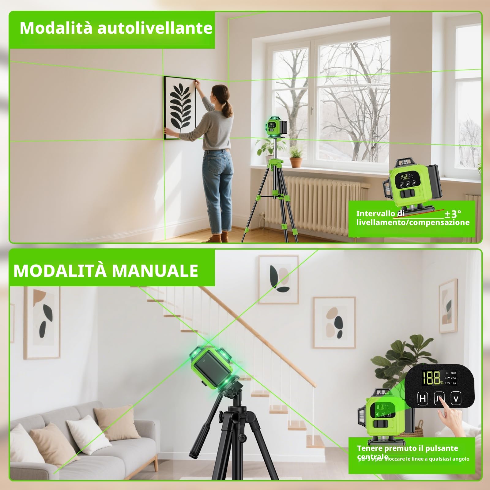 Livella Laser Autolivellante 16 Linee, 4 X 360 °Livello Laser Autolivellante Verde, 2 x Batterie, Autolivellante, Supporto rotante, Telecomando Cabina di rilevamento