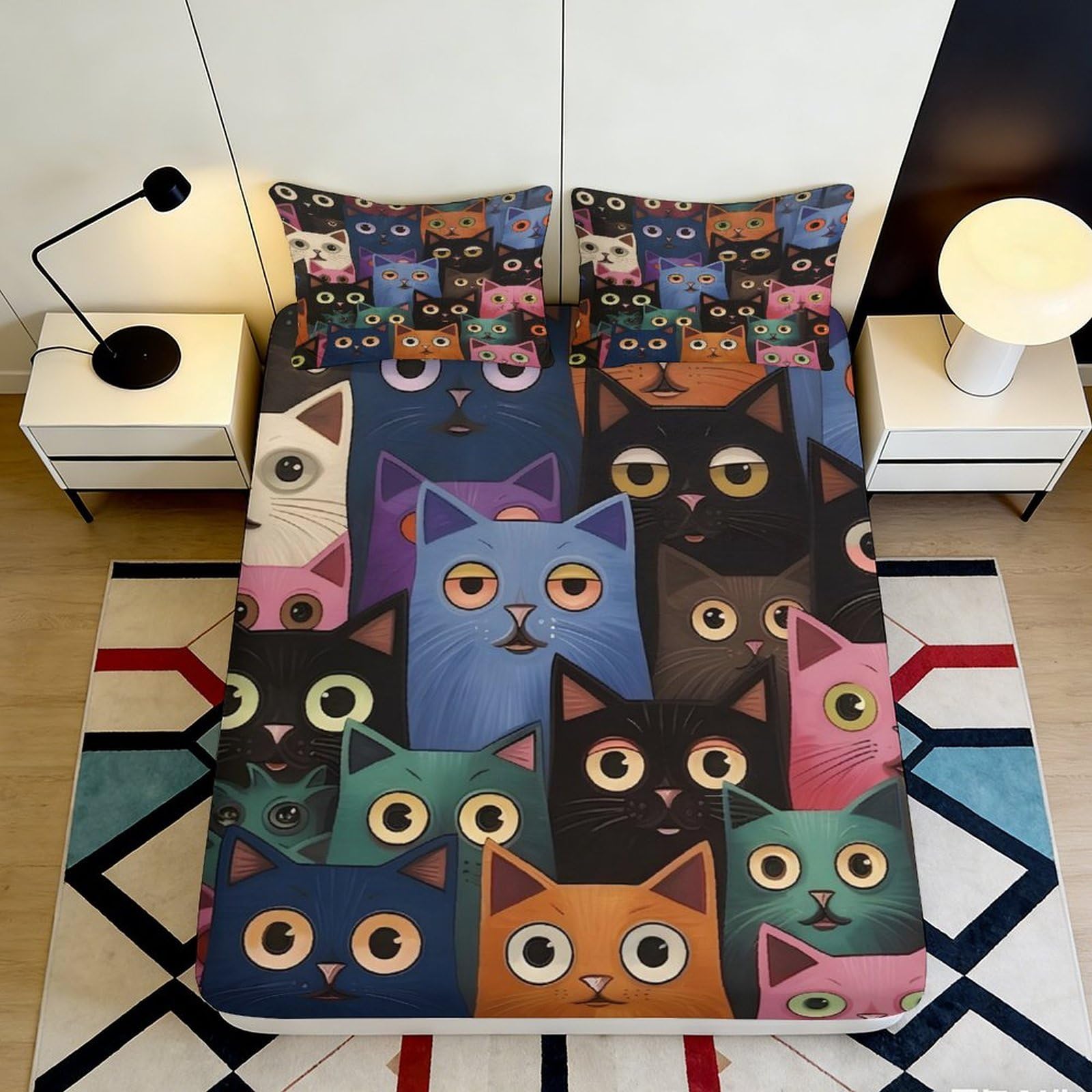 3D Printed Colorful Cartoon Cat Fitted Sheet Microfiber Soft Washable Funky Animal Bed Cover for Bedroom Guest Room Decor 90x200x25cm