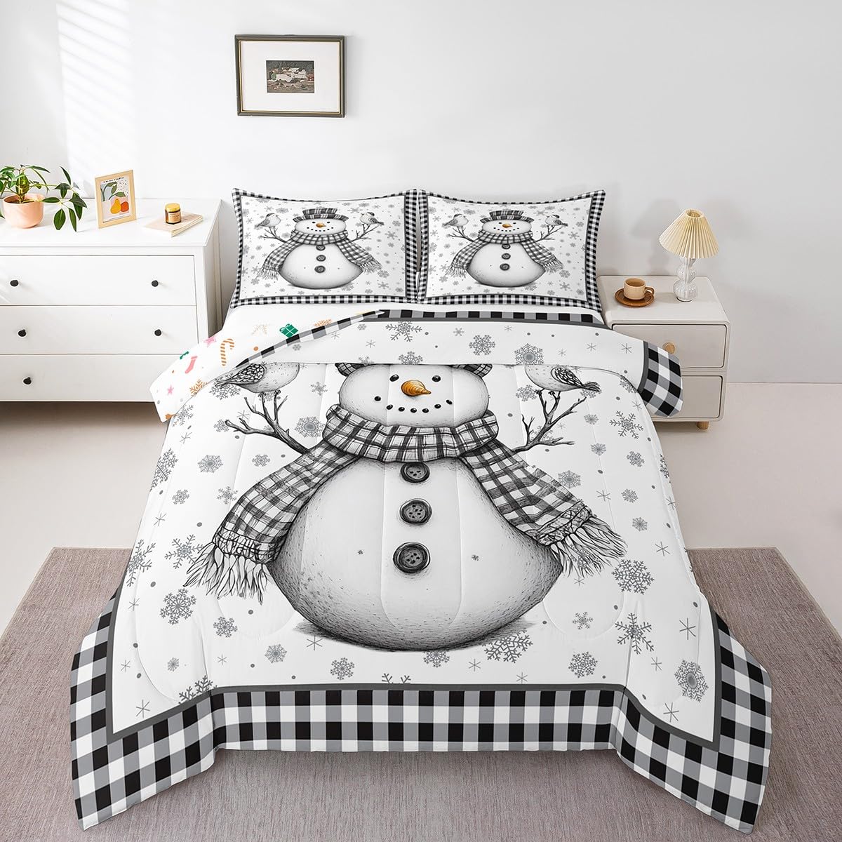 Parure de lit 3 pièces Manfei bonhomme de neige et carreaux pour chambre enfant et grand lit