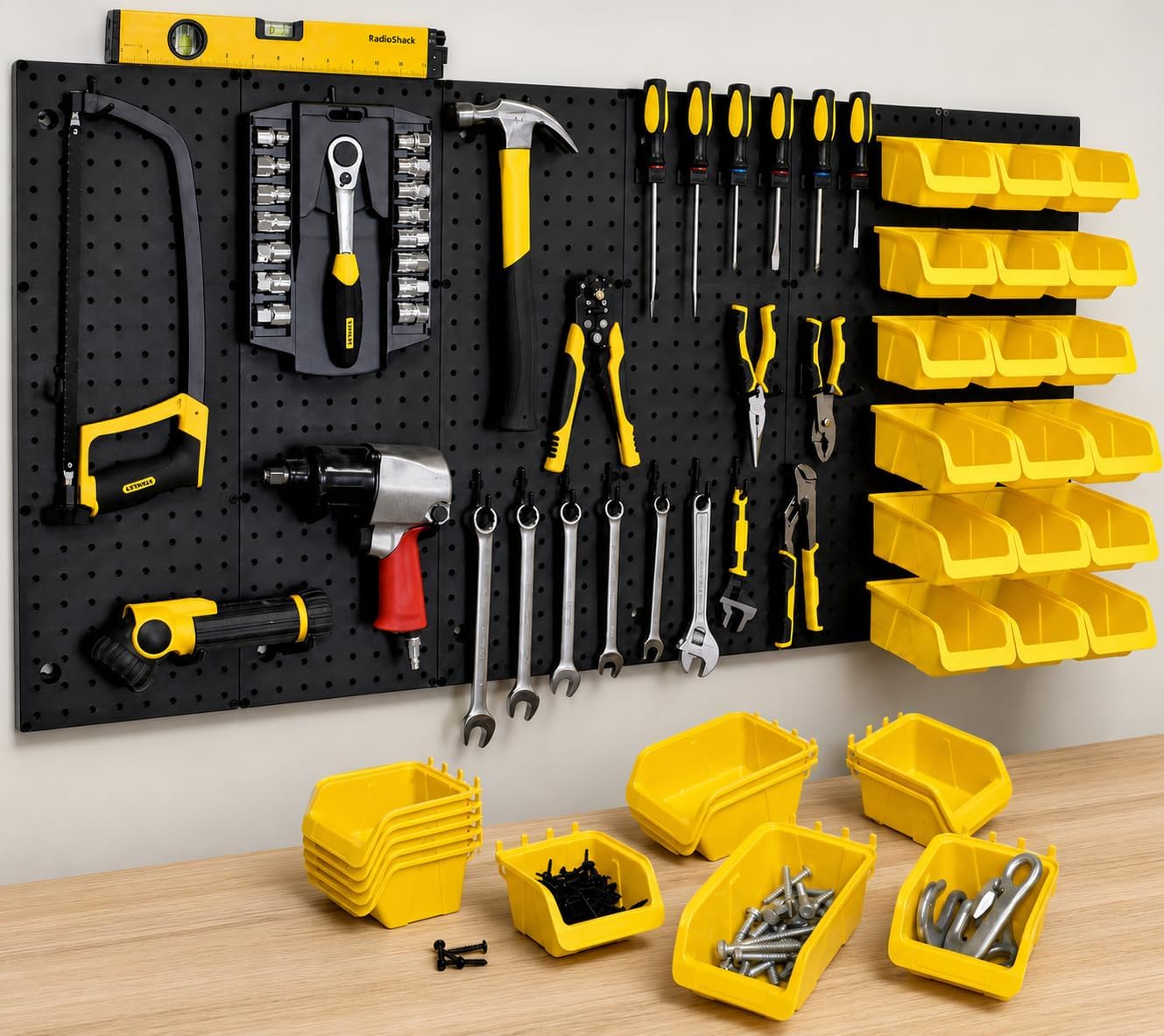 WALLPEG 36 Pack Pegboard Bin Kit – 18 Medium & 18 Large Yellow Peg Board Storage Bins | Parts Organizer for Garage, Workshop, Craft Room, Office & Workbench | Pegboard Accessory Organier | MADE IN USA image 5