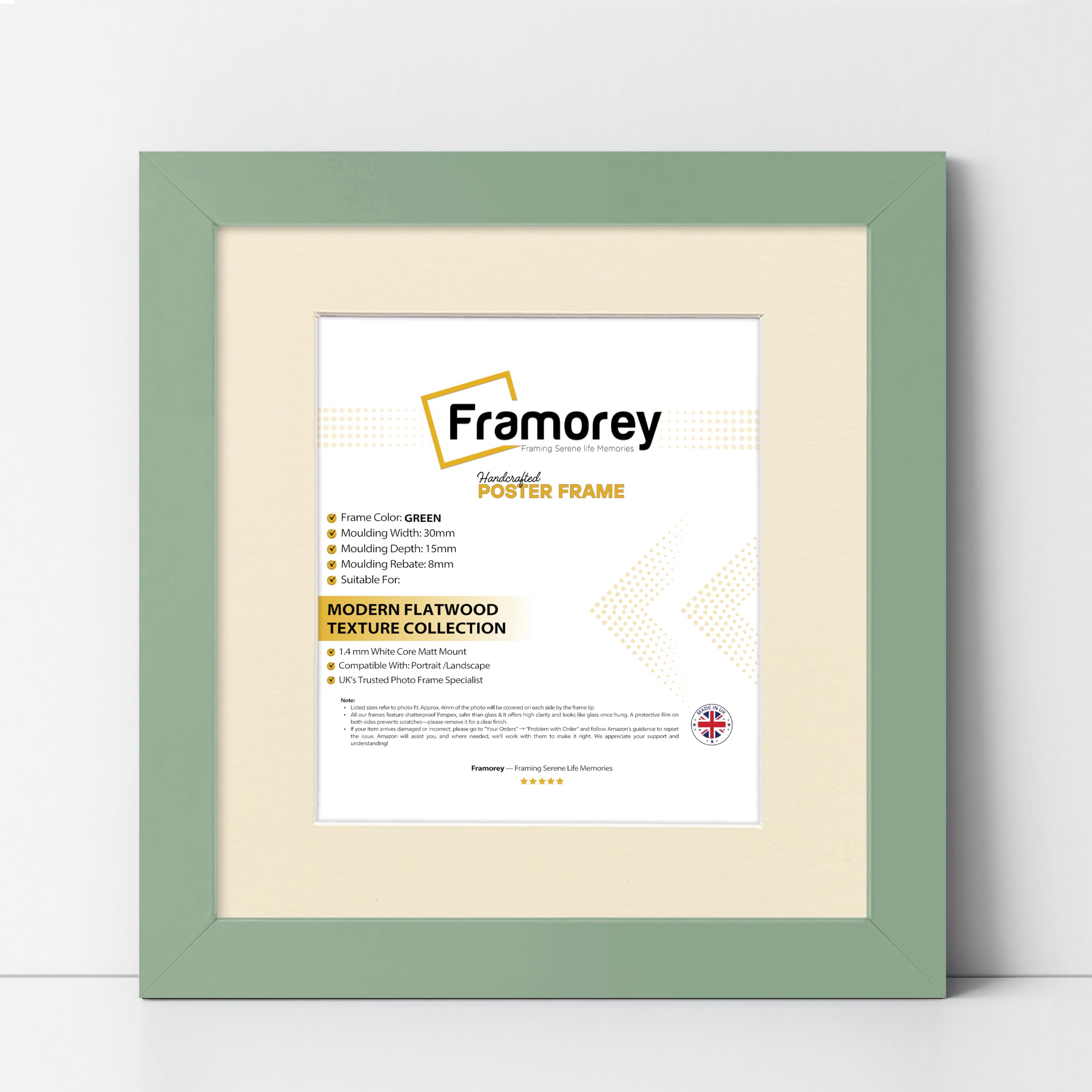FRAMOREY Square Oxford Flat Wooden Effect Picture Frame, 11x11" Size Green Photo Frame With 9x9" Size Ivory Mount, Photo Print Frame, Best Photo Frames For Birthday Gift