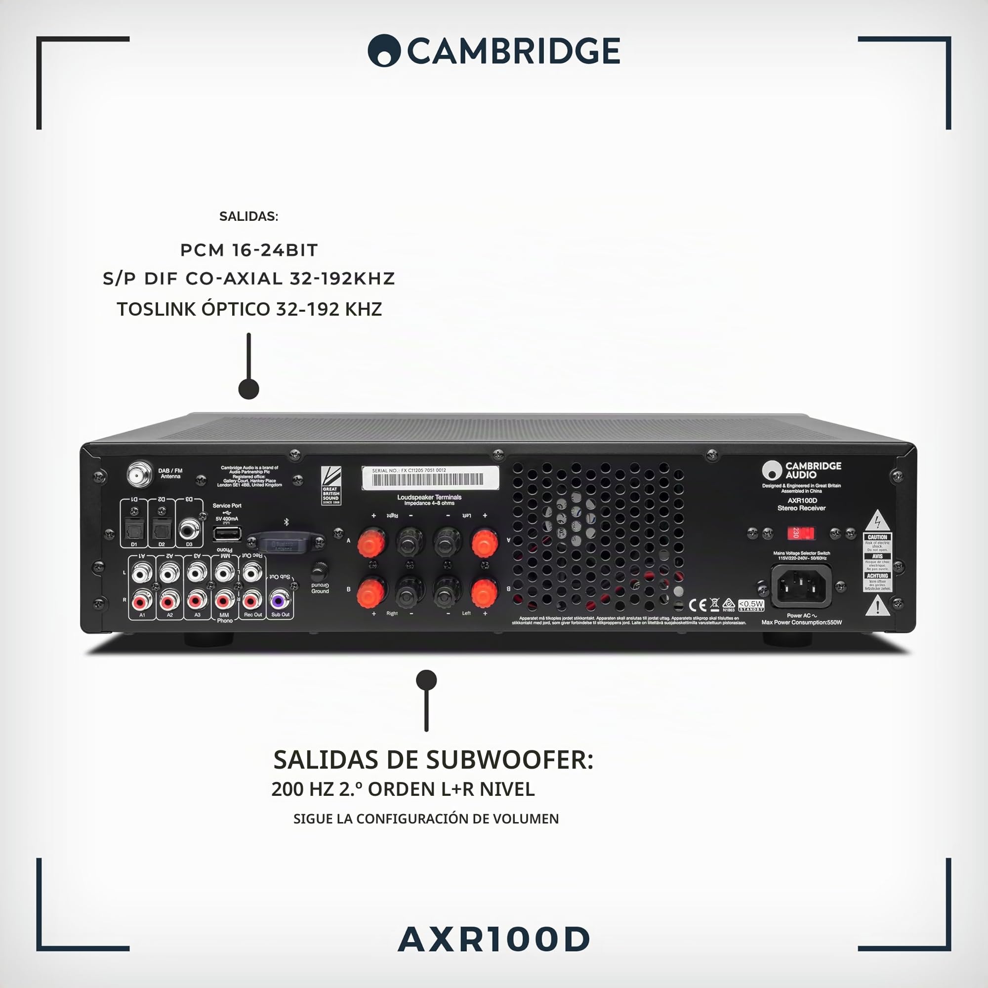 Cambridge Audio AXR100D Receptor Hi-FI estéreo Separado de 100 vatios con Etapa Phono incorporada, Radio Dab/FM y Bluetooth 5.0 - Gris Lunar