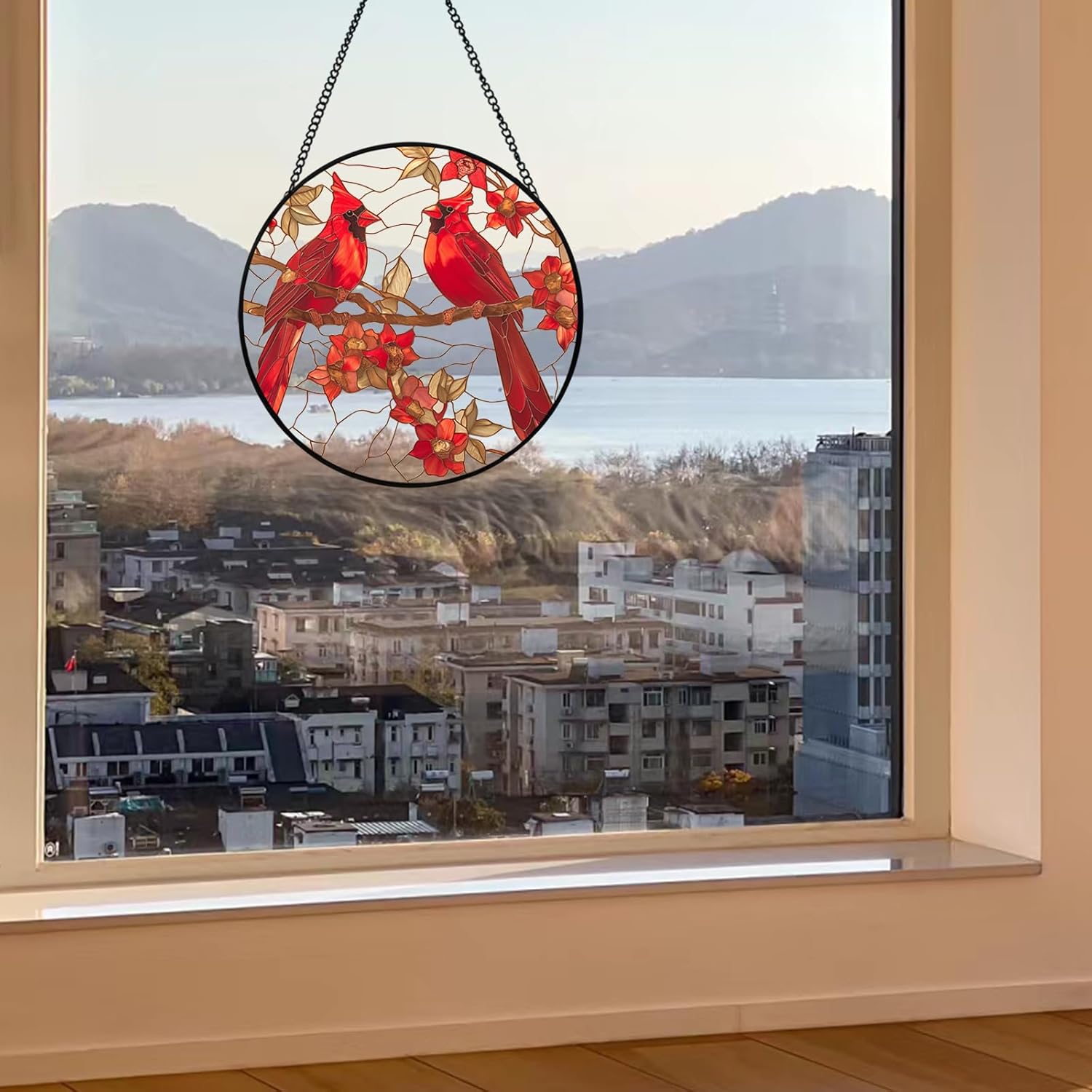 Stained Glass Style Cardinal Suncatcher, 7.87 Inch (20cm) Round Real Glass Window Hanging with Gift Box and Chain, Bird Decor Gift - Image 7