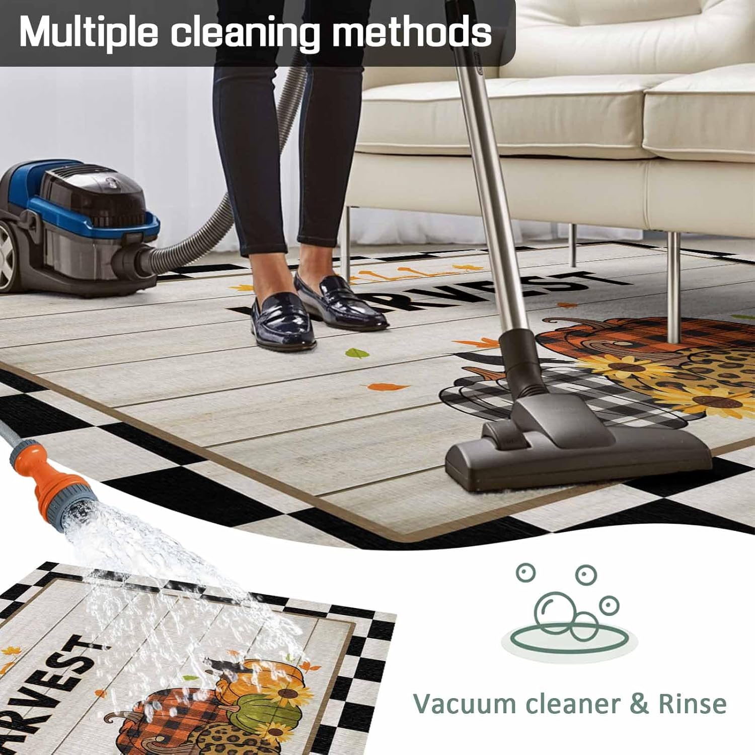 4x6 feet Outdoor Area Rug Non-Slip Carpet, Fall Harvest Pumpkins White and Black Check Plaids Absorbent Mat Low Pile Rugs for Patio, Backyard, Deck, Picnic, Beach, Trailer, Camping Decor