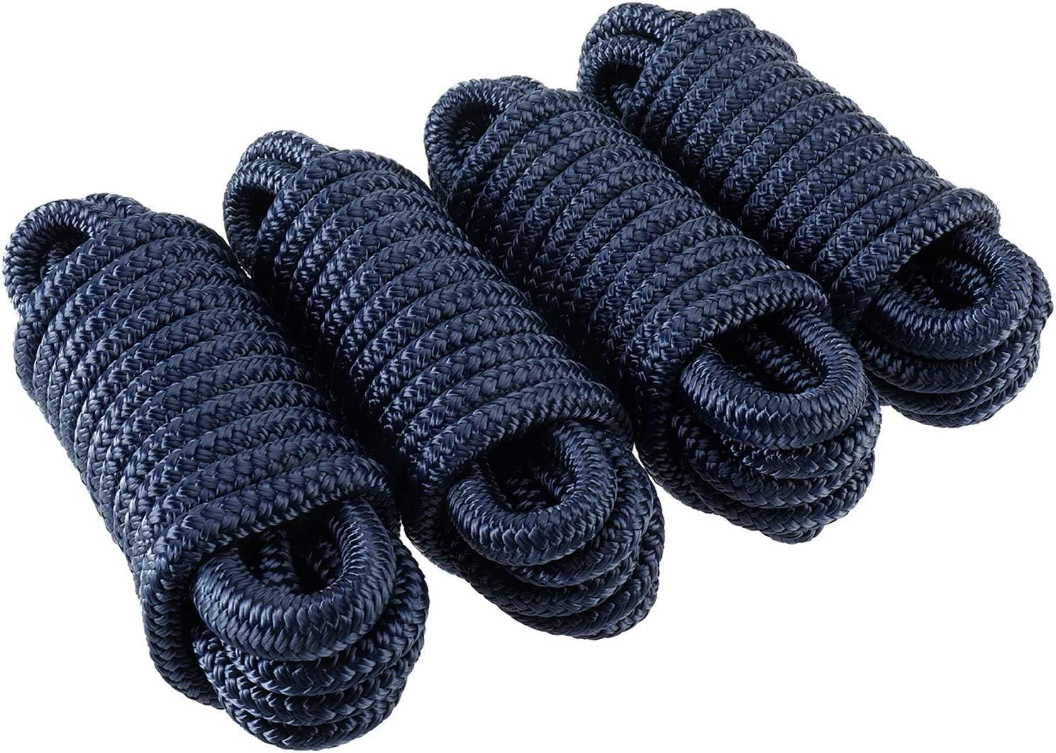 Amarine Made Dock Lines, Double Braided Nylon Dock Lines 3300 lbs Breaking Strength (L:15 ft. D:3/8 inch Eyelet: 10 inch) 4 Pack of Marine Mooring Rope Boat Dock Lines Working Load Limit:660 lbs