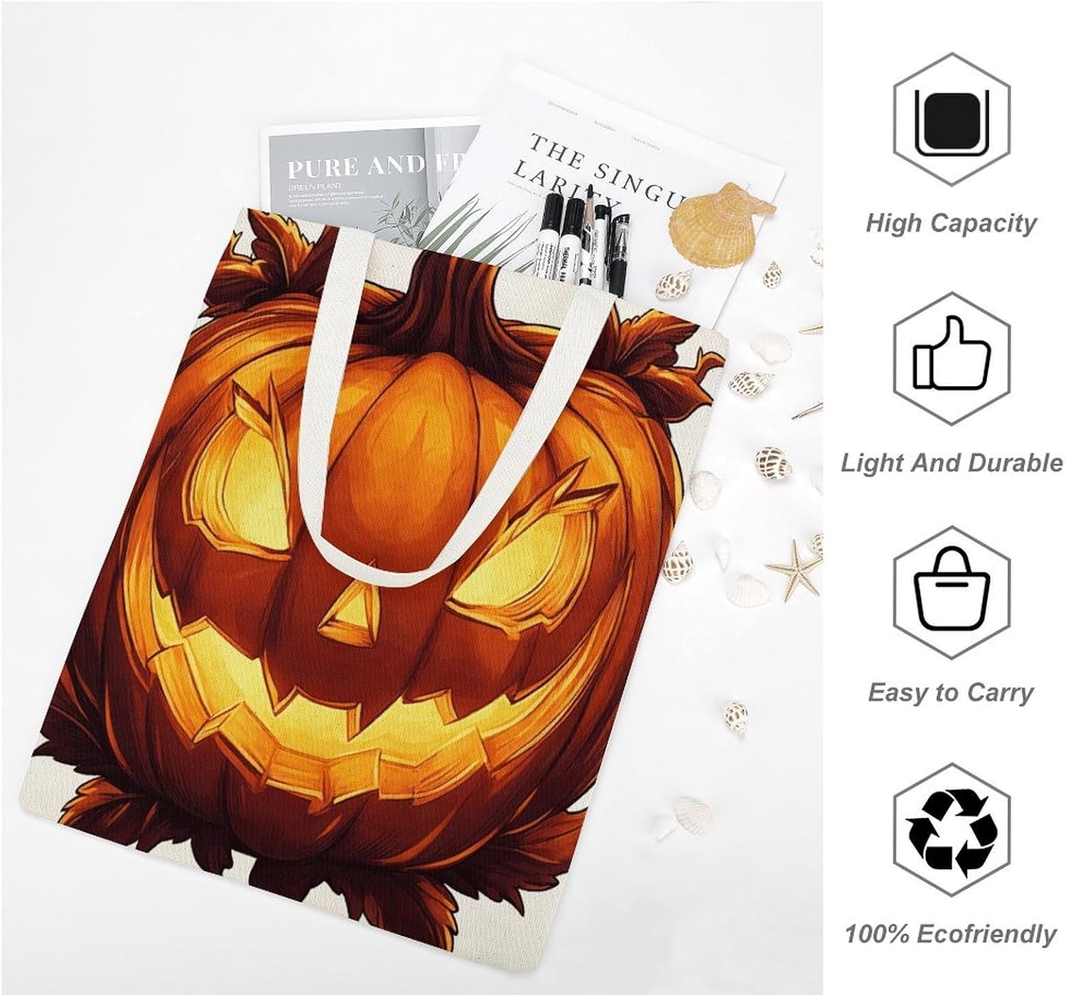 Pumpkin Halloween Canvas Tote Bag Reusable Grocery Bags Foldable Soft Cotton Shoulder Carry Bag