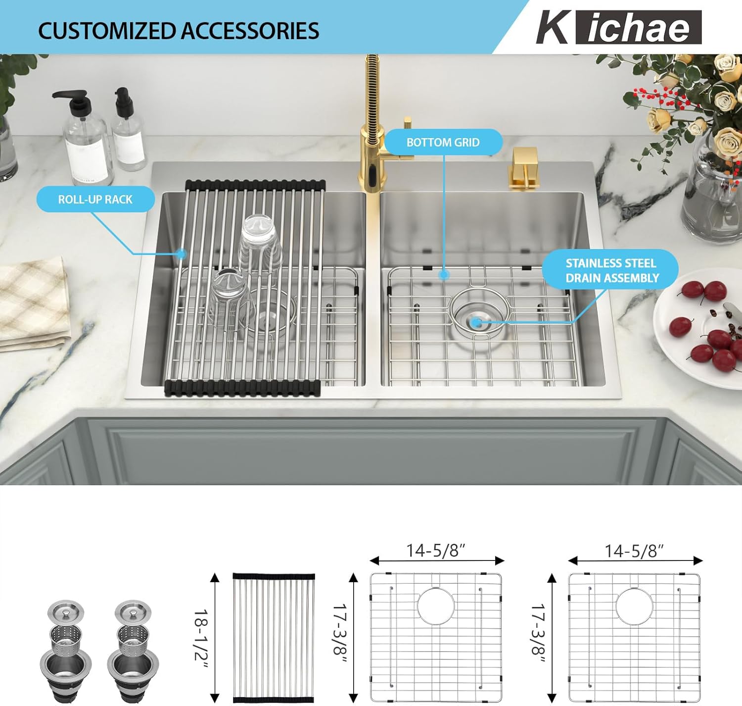 Kichae 33 Inch Drop in Kitchen Sink - 33"x22" Topmount Sink 16 Gaugle Stainless Steel Double Bowl 50/50 Handmade Kitchen Sink