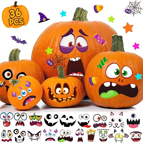 IMISHM 36 hojas de calcomanías decorativas de calabaza de Halloween en 20 diseños para decoraciones de Halloween, haz tus propias calcomanías de